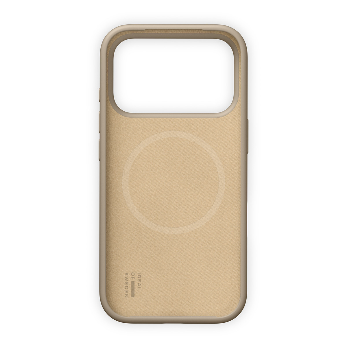 Eine beige Handyhülle mit einem Kreisaufdruck und dem Schriftzug 'IDEAL OF SWEDEN'.