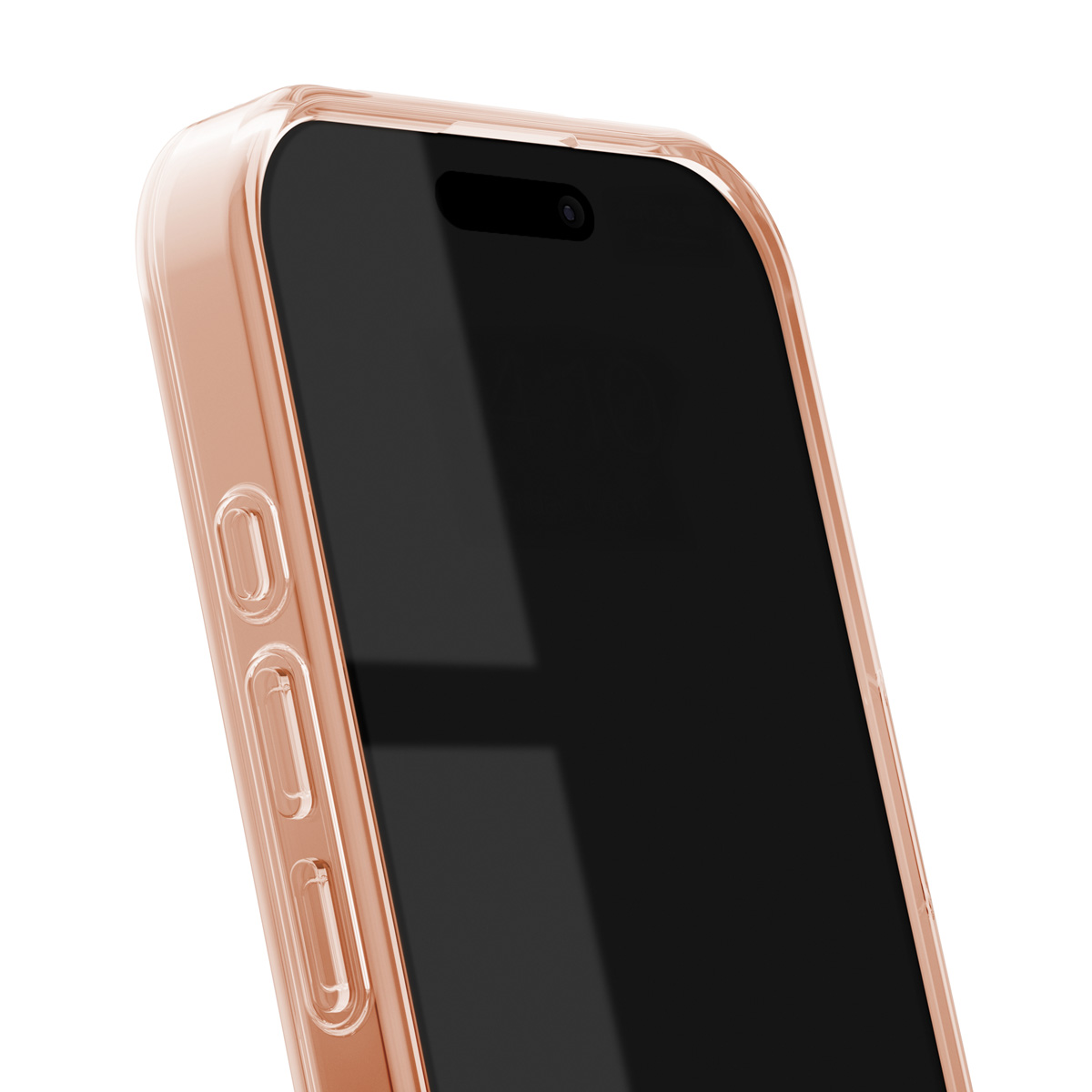 Ein roségoldenes Handy mit transparentem Gehäuse und schwarzen Bildschirm.
