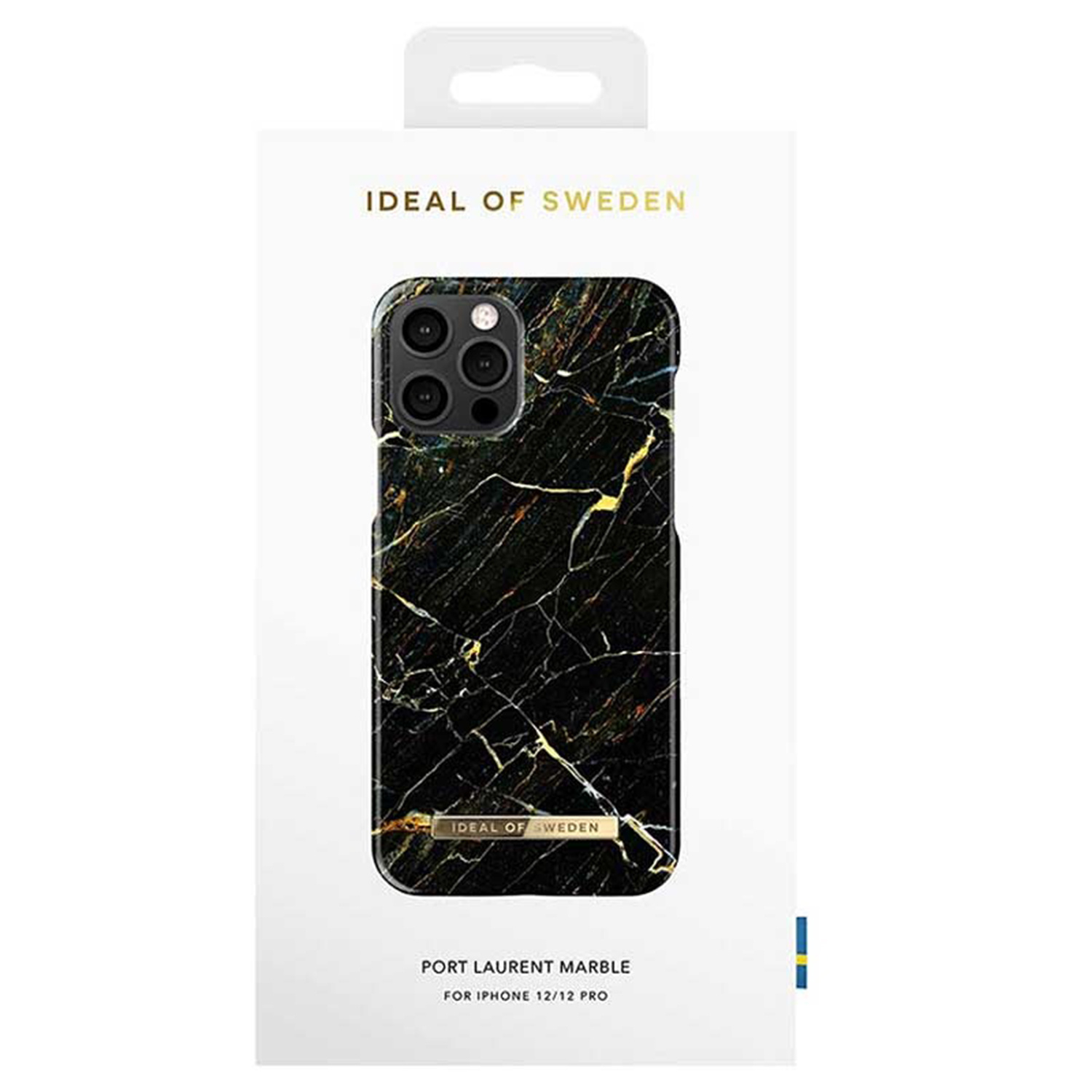 Verpackung mit schwarzer Marmor-Handyhülle für iPhone 12/12 Pro.