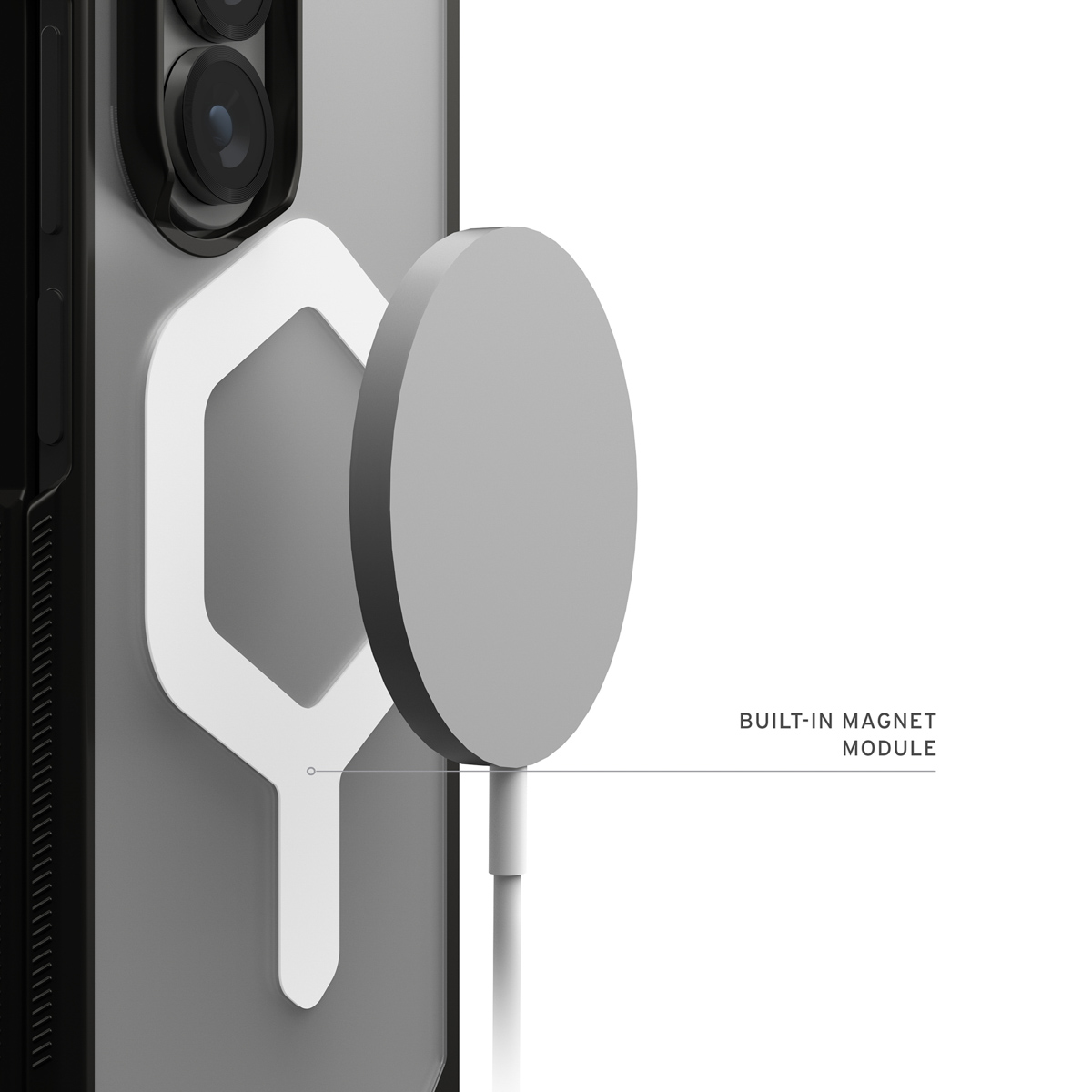 Module magnétique gris avec câble attaché à la coque du téléphone.