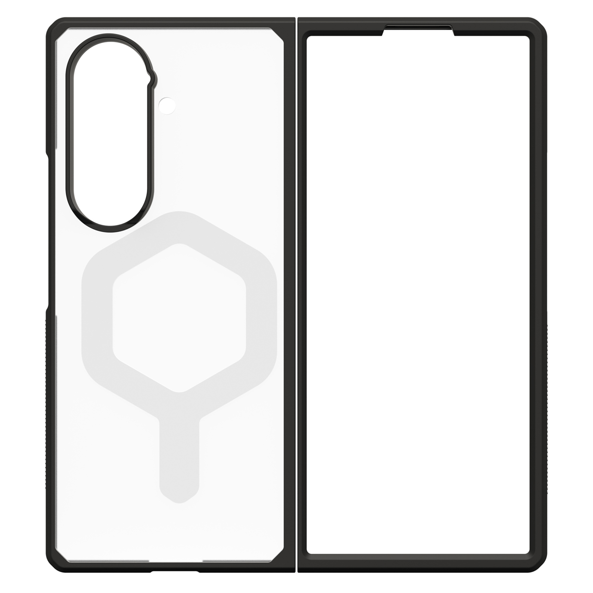 Coque transparente pour téléphone pliable avec cadre noir et motif hexagonal.