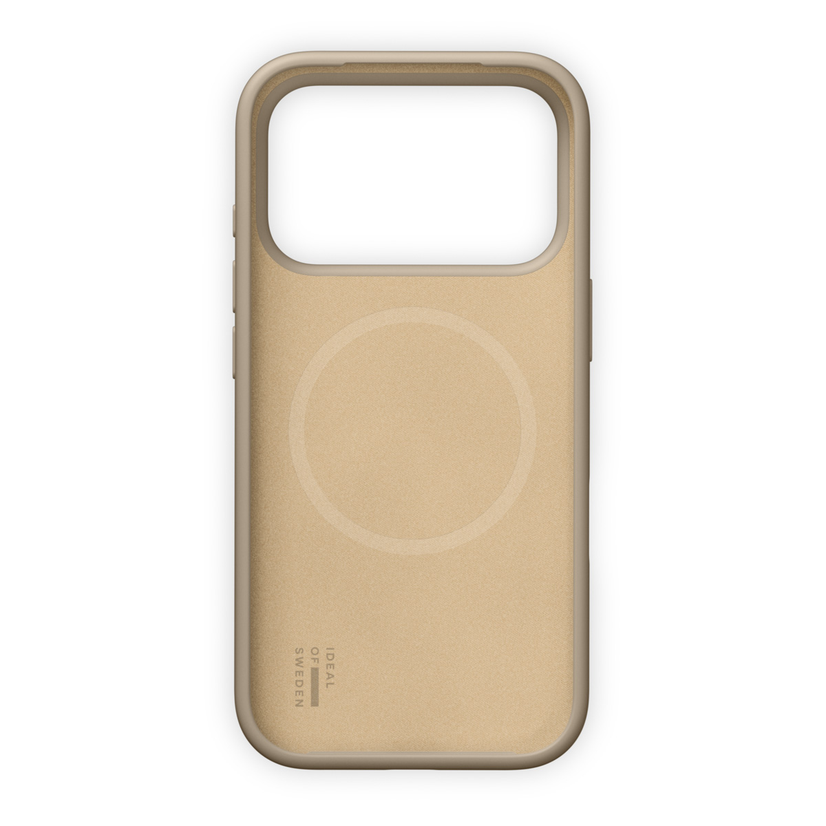 Eine beige Handyhülle mit einem Kreisdesign auf der Rückseite.
