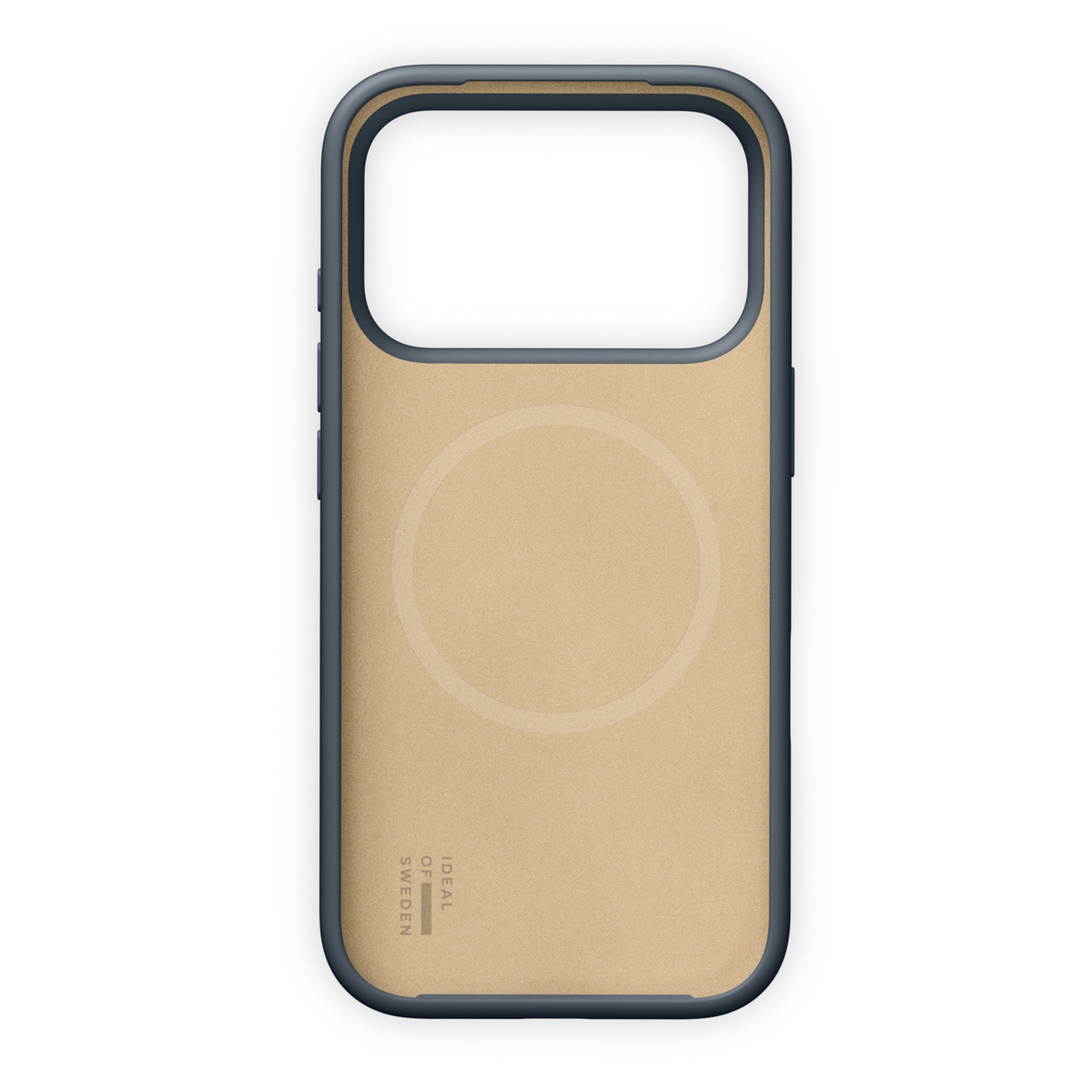 Eine beige Handyhülle mit dunkelblauem Rand und einem Kreisaufdruck.