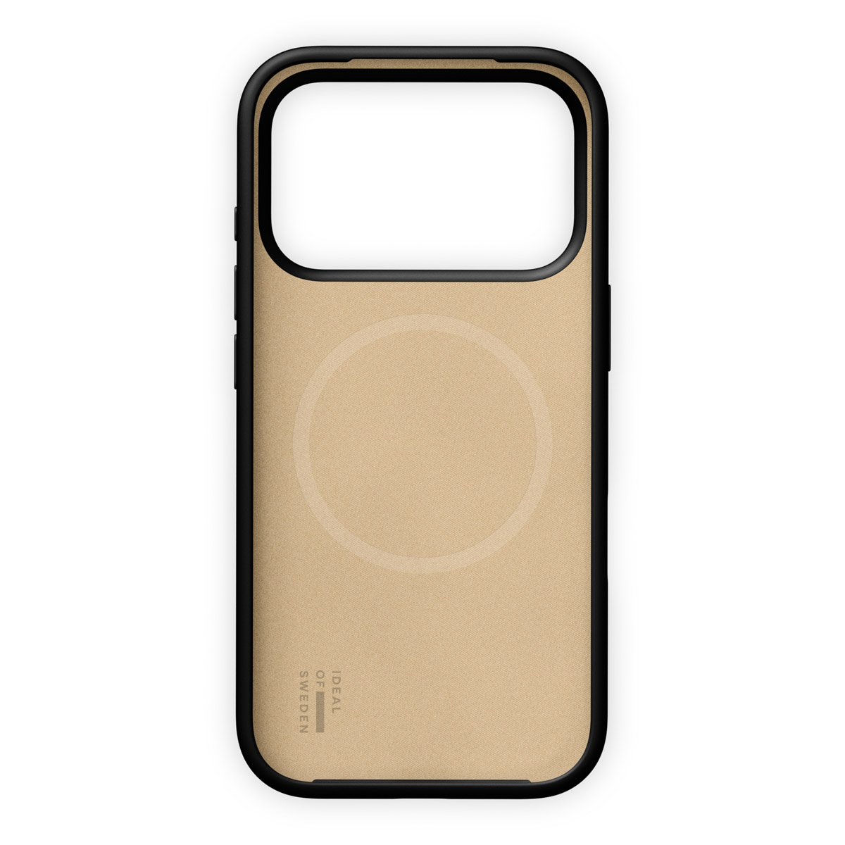 Eine beige Handyhülle mit schwarzem Rand und einem Kreis in der Mitte.