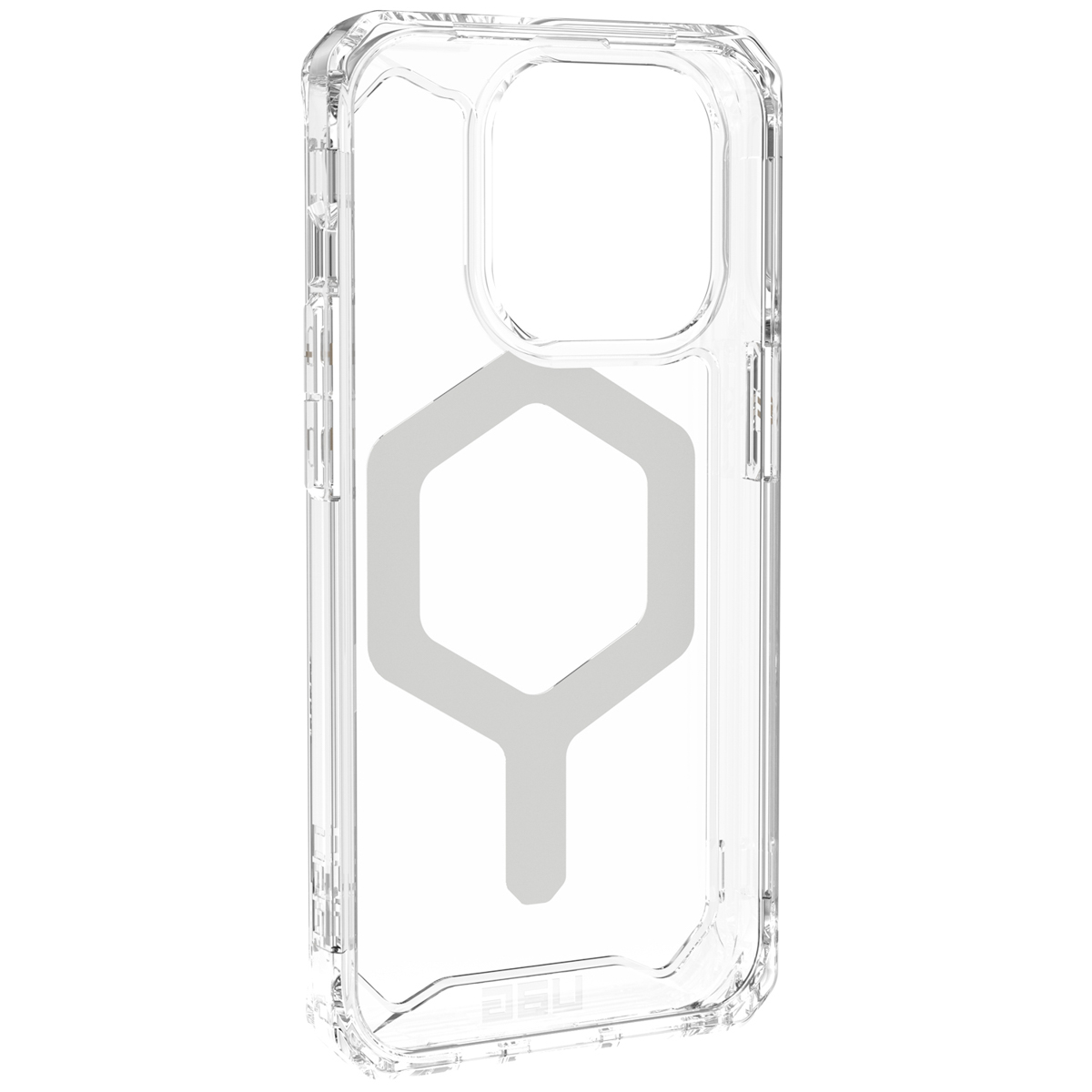 Transparante telefoonhoes met zeshoekig magneetringontwerp.