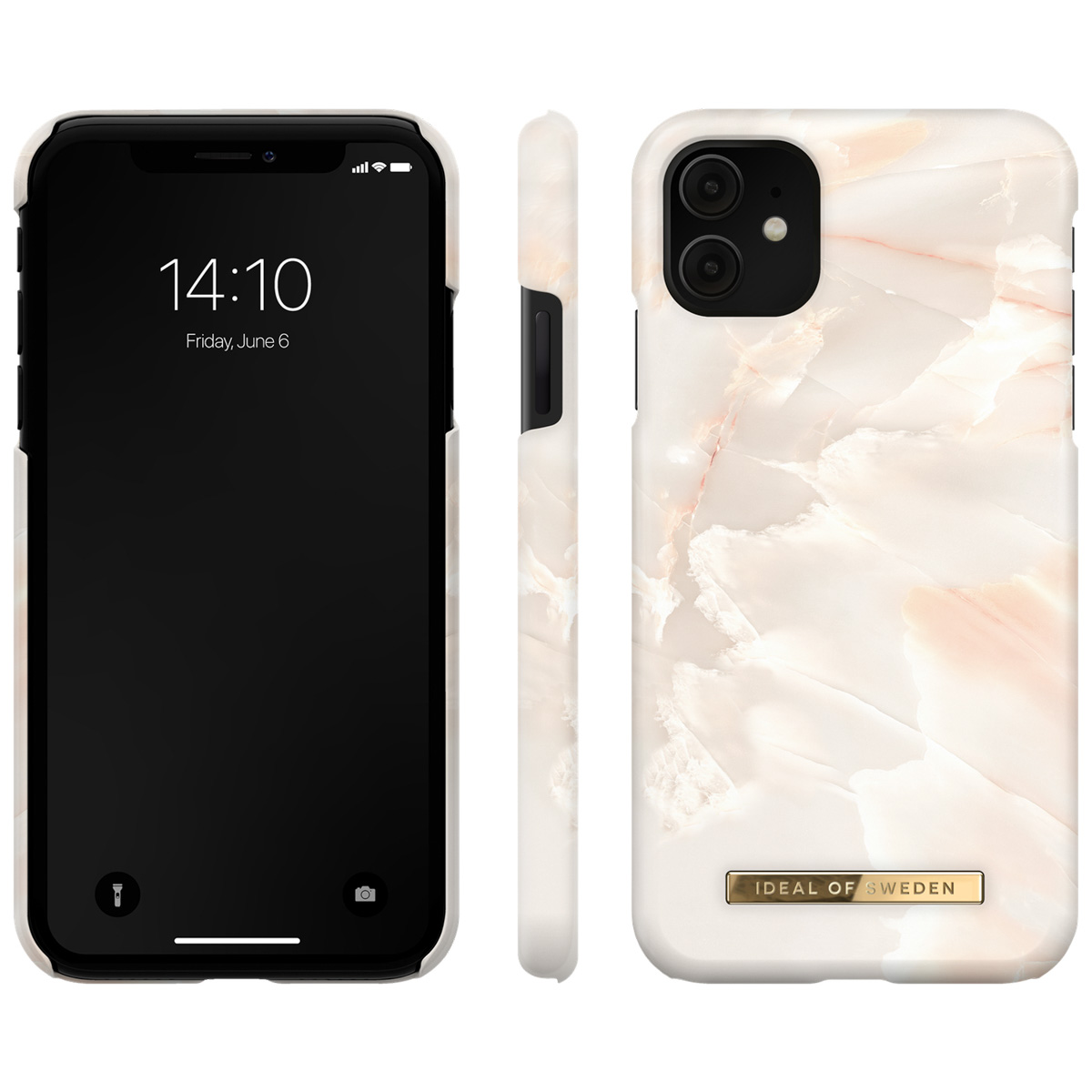 Ein iPhone mit Marmor-Hülle, Frontansicht und Seitenansicht.