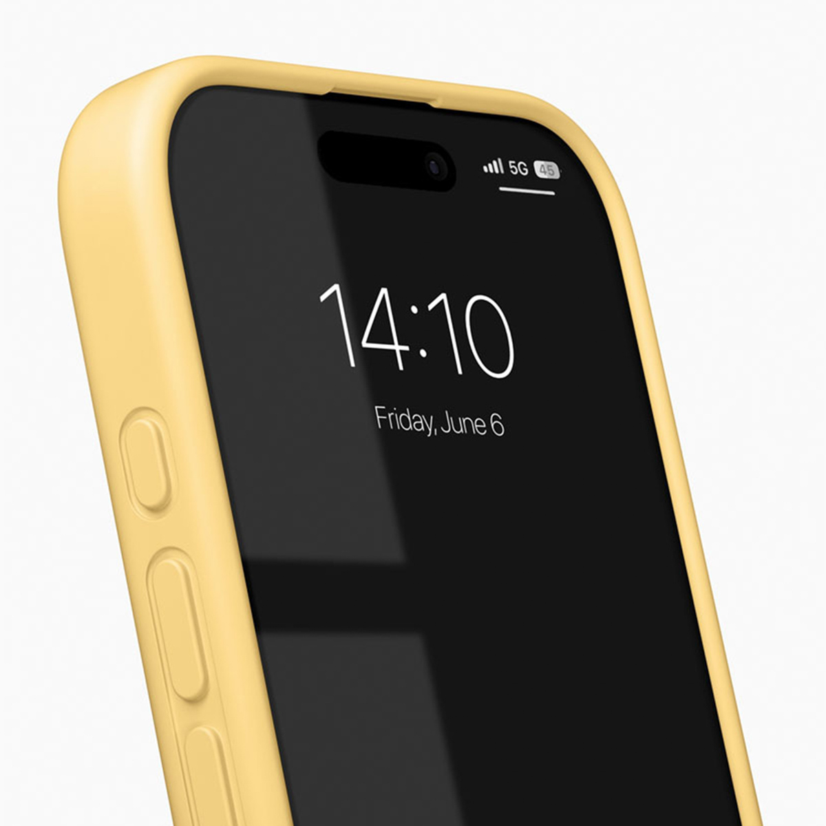 Ein gelbes iPhone mit gesperrtem Bildschirm zeigt 14:10, Freitag, 6. Juni.