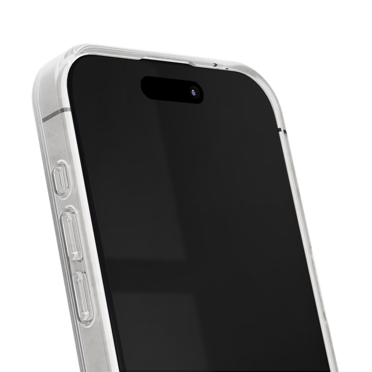 Eine transparente Handyhülle zeigt die linke Seite eines Smartphones mit Tasten.