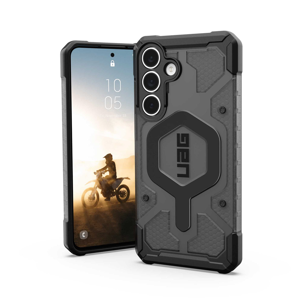 Ein robustes schwarzes Handy mit einem Motorradfahrer auf dem Bildschirm.