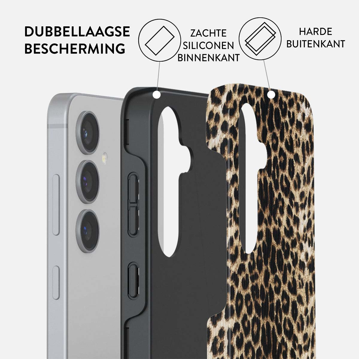 Close-up van een telefoonhoesje met luipaardprint die dubbele beschermlagen toont.