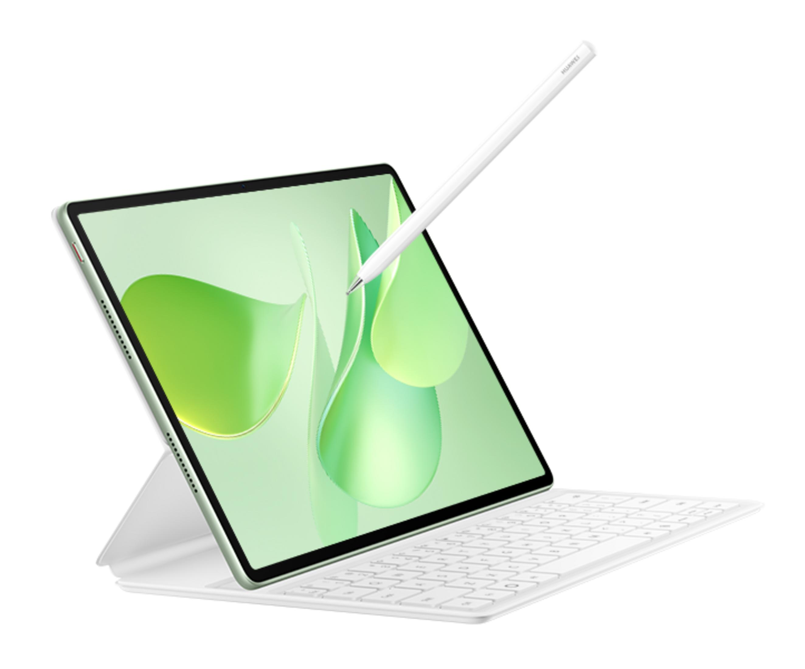 Un tablet verde con tastiera e stilo su sfondo bianco.