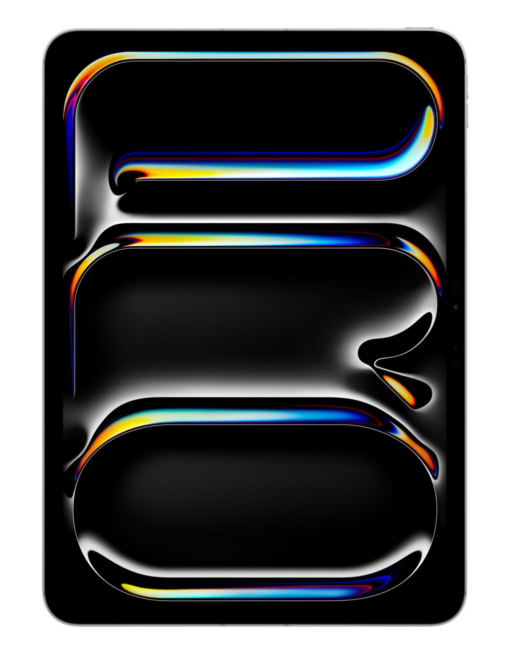 Ciemny ekran z trzema świecącymi, kolorowymi kształtami rurek.