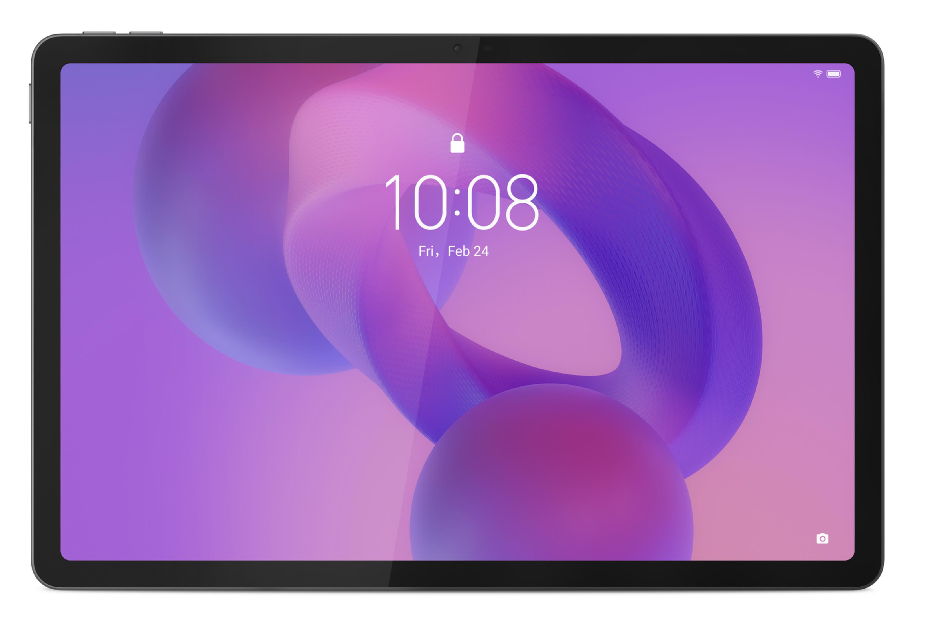 Tablet con grafica di sfondo viola e lilla, ora 10:08.
