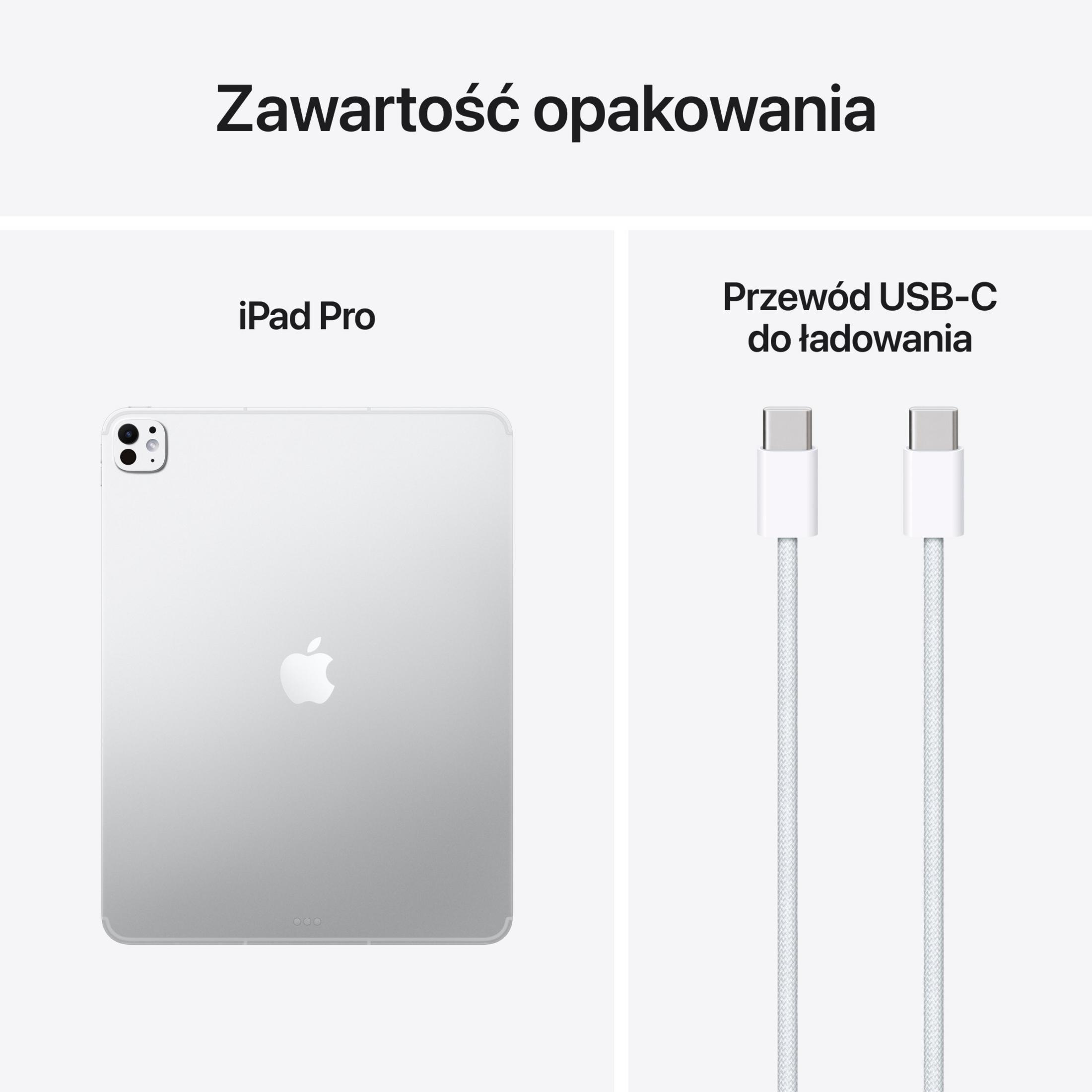 Un iPad Pro argento e due cavi di ricarica USB-C bianchi.