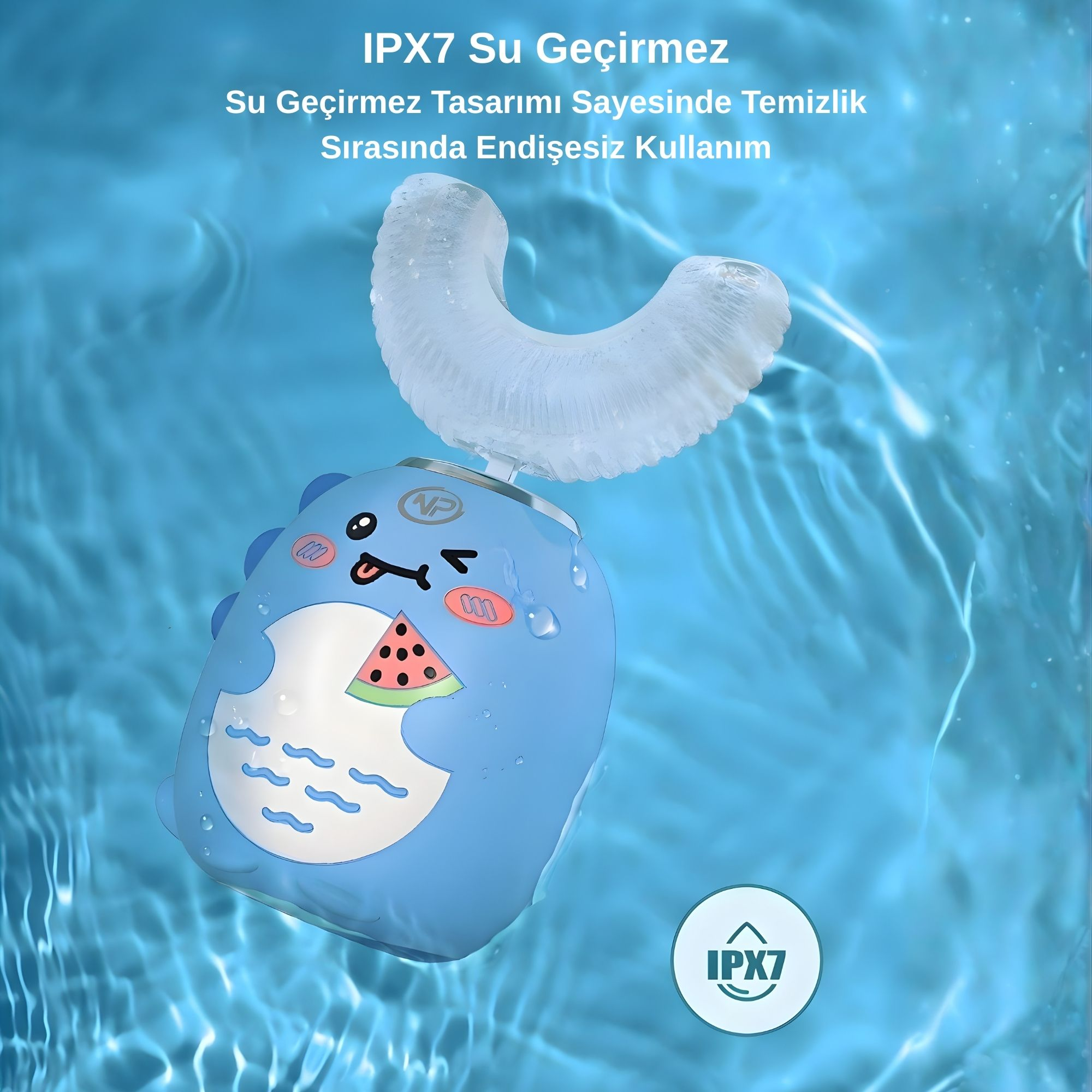Su öğeleri ve IPX7 mührü ile mavi dinozor diş fırçası başlığı.