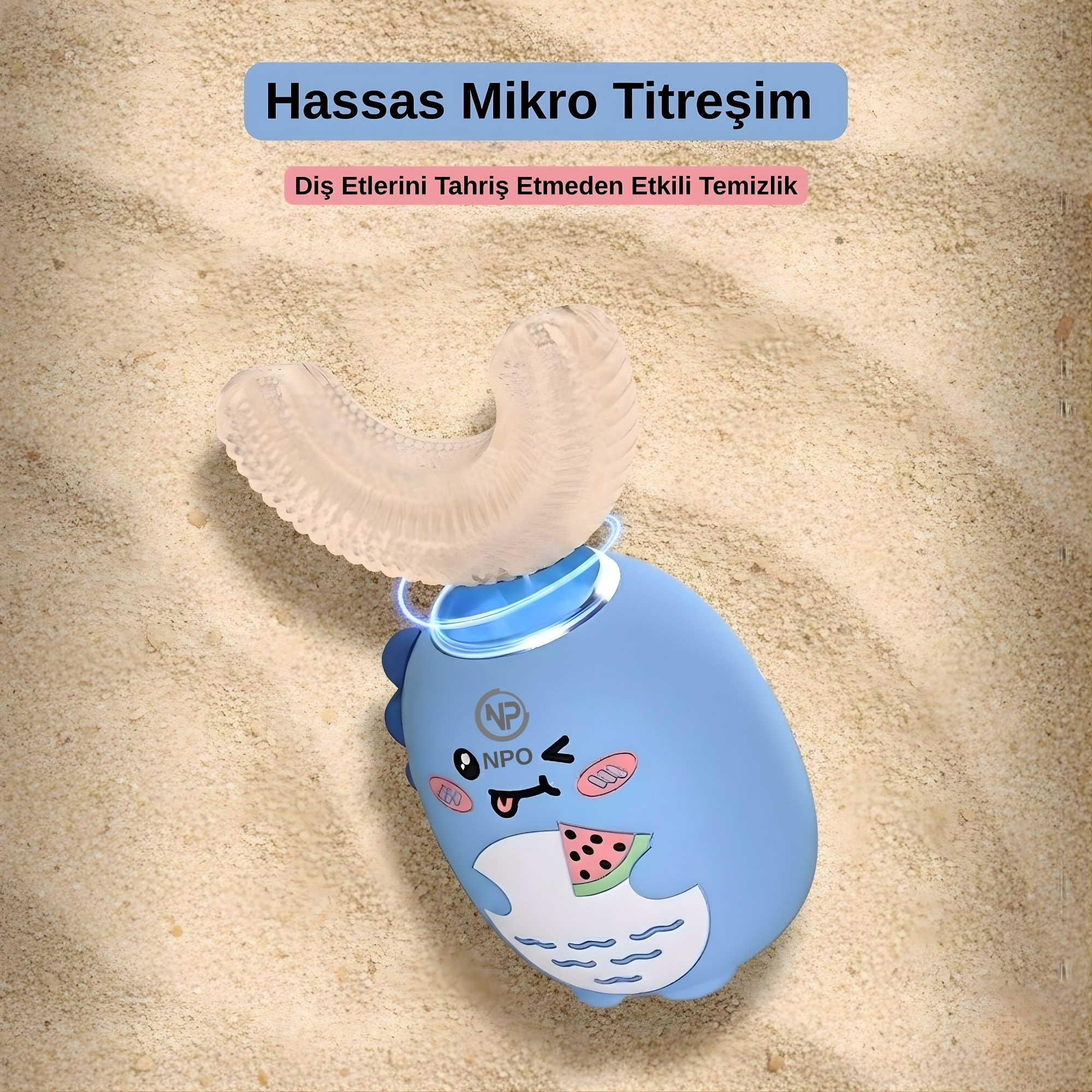 Şirin dinozor tasarımlı ve karpuz yamalı mavi diş fırçası.