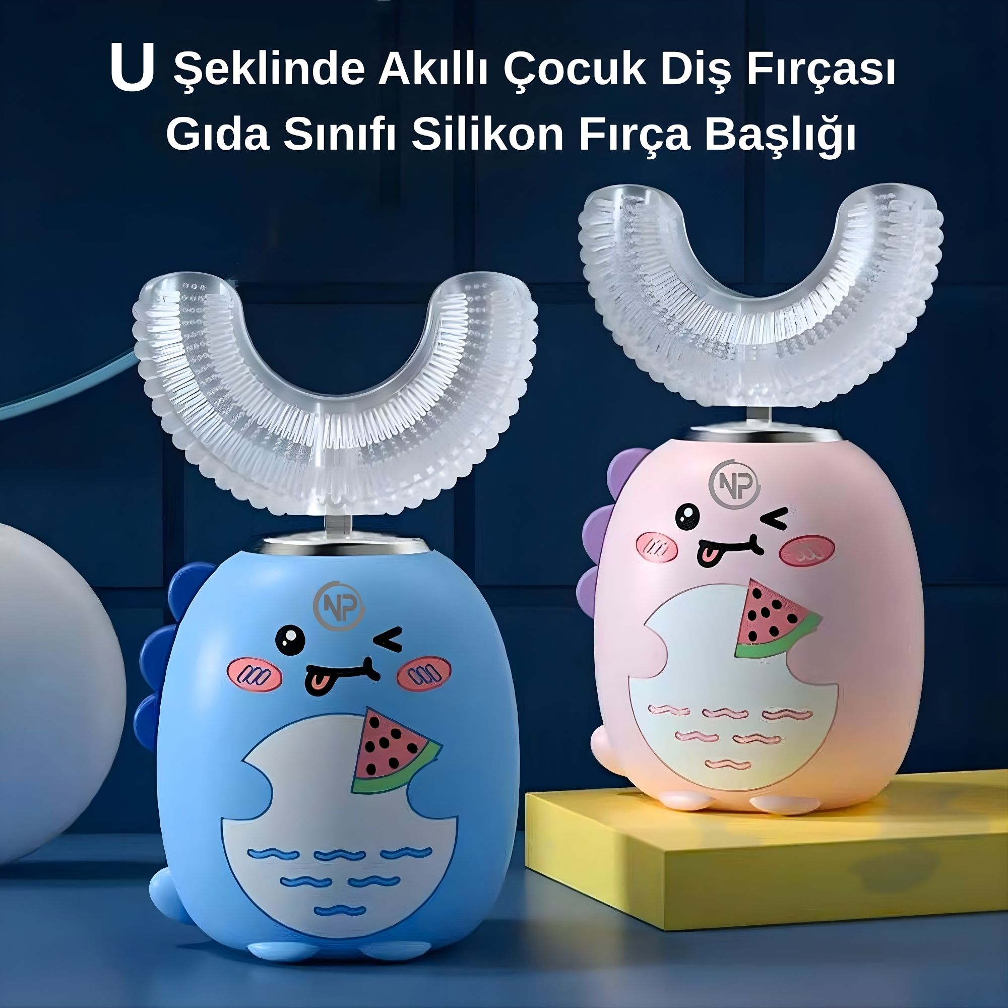 İki dinozor şeklinde U tasarımlı çocuk diş fırçası, biri mavi, biri pembe.