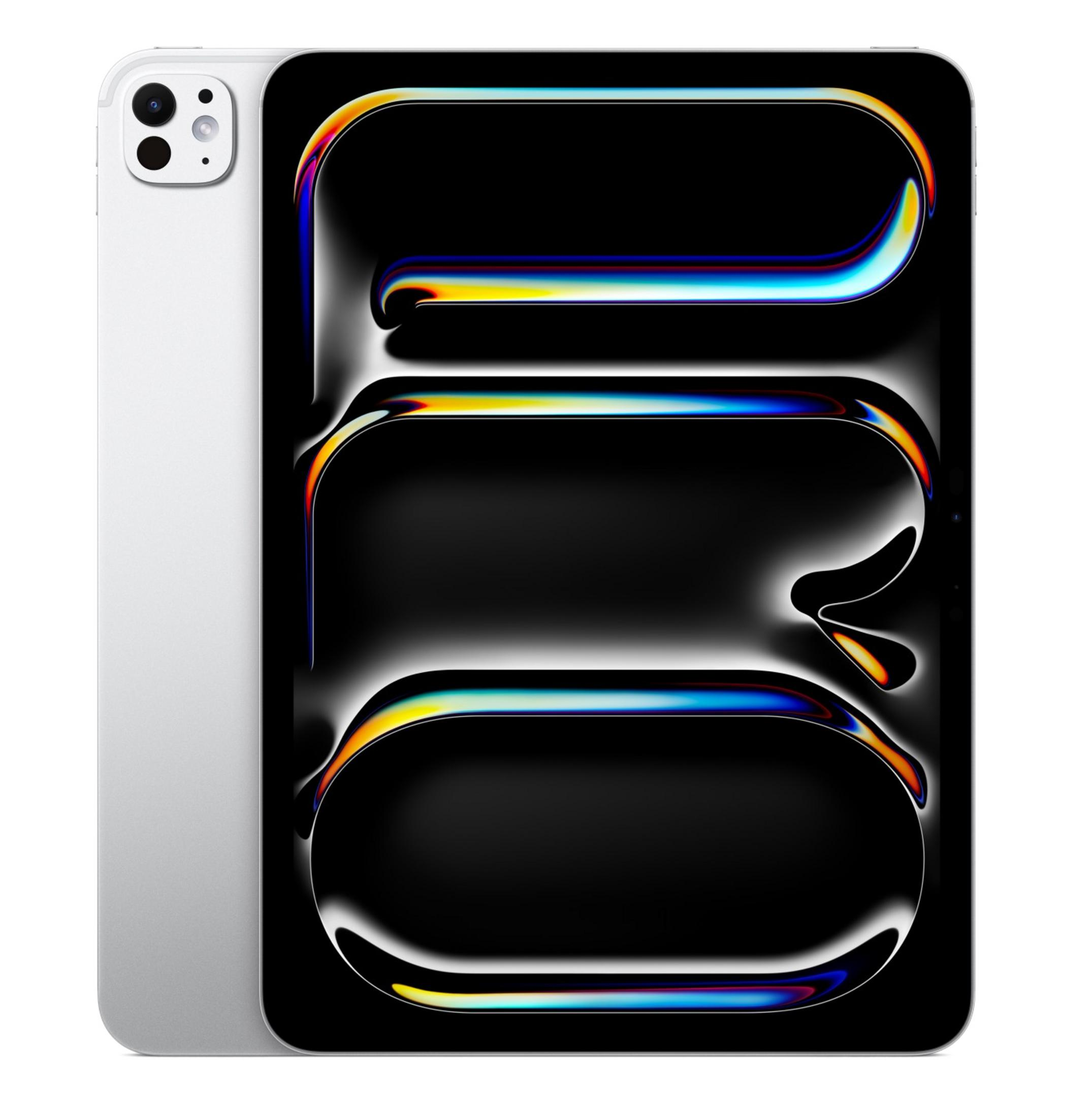 Un iPhone argento con schermo nero che mostra riflessi di luce colorati.