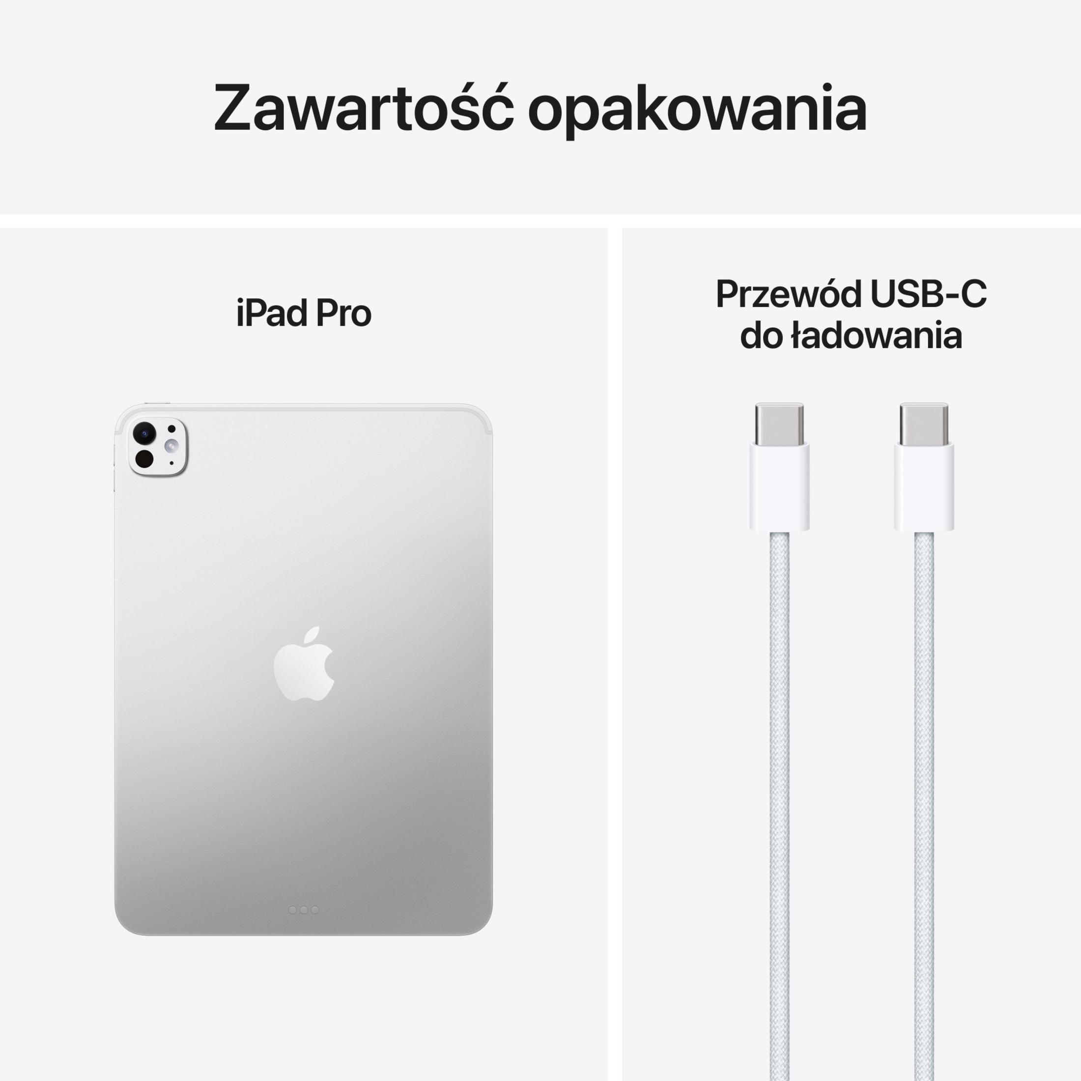 Un iPad Pro argentato e due cavi di ricarica USB-C bianchi.