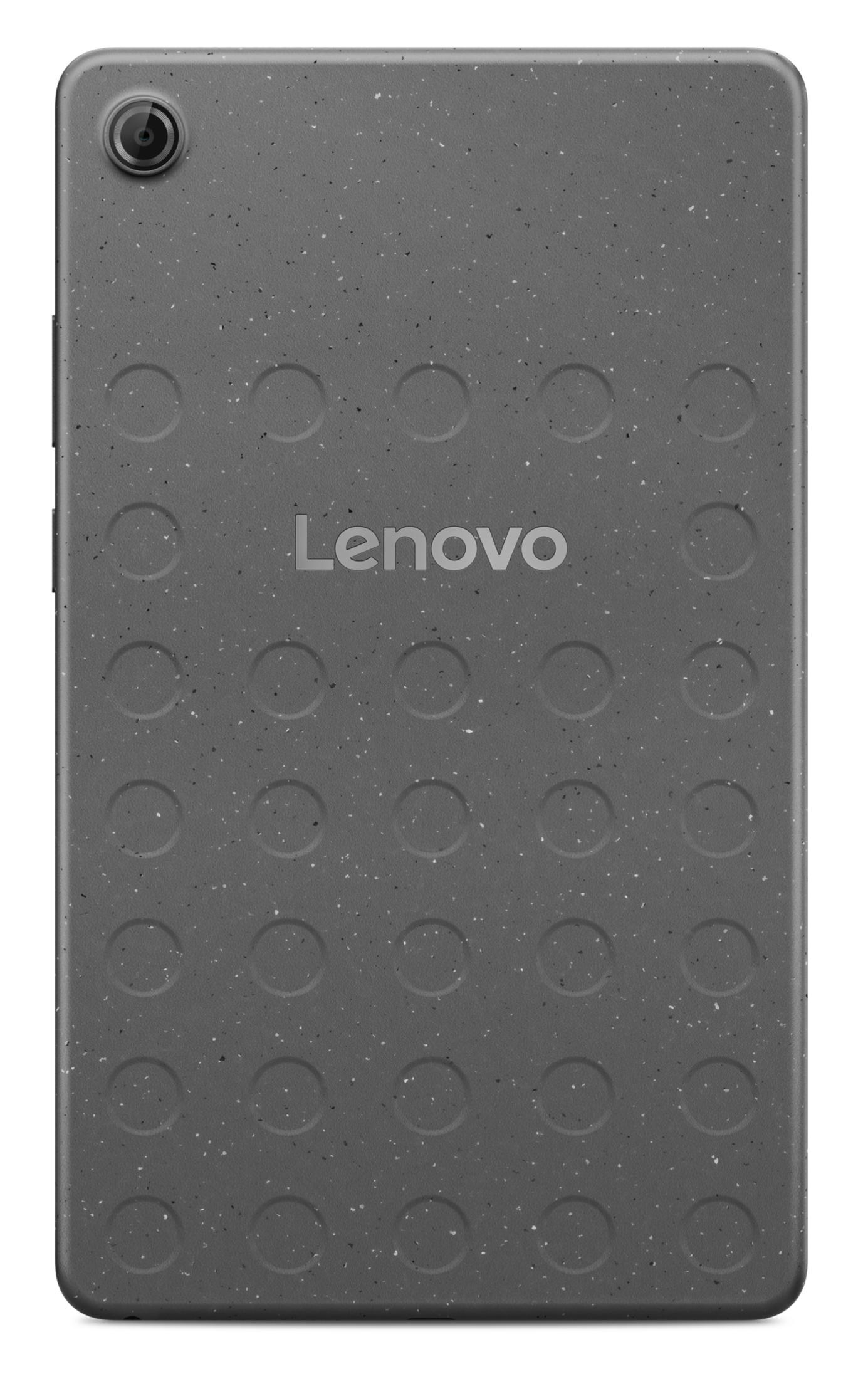 Tablet Lenovo gris con cámara y círculos en relieve.