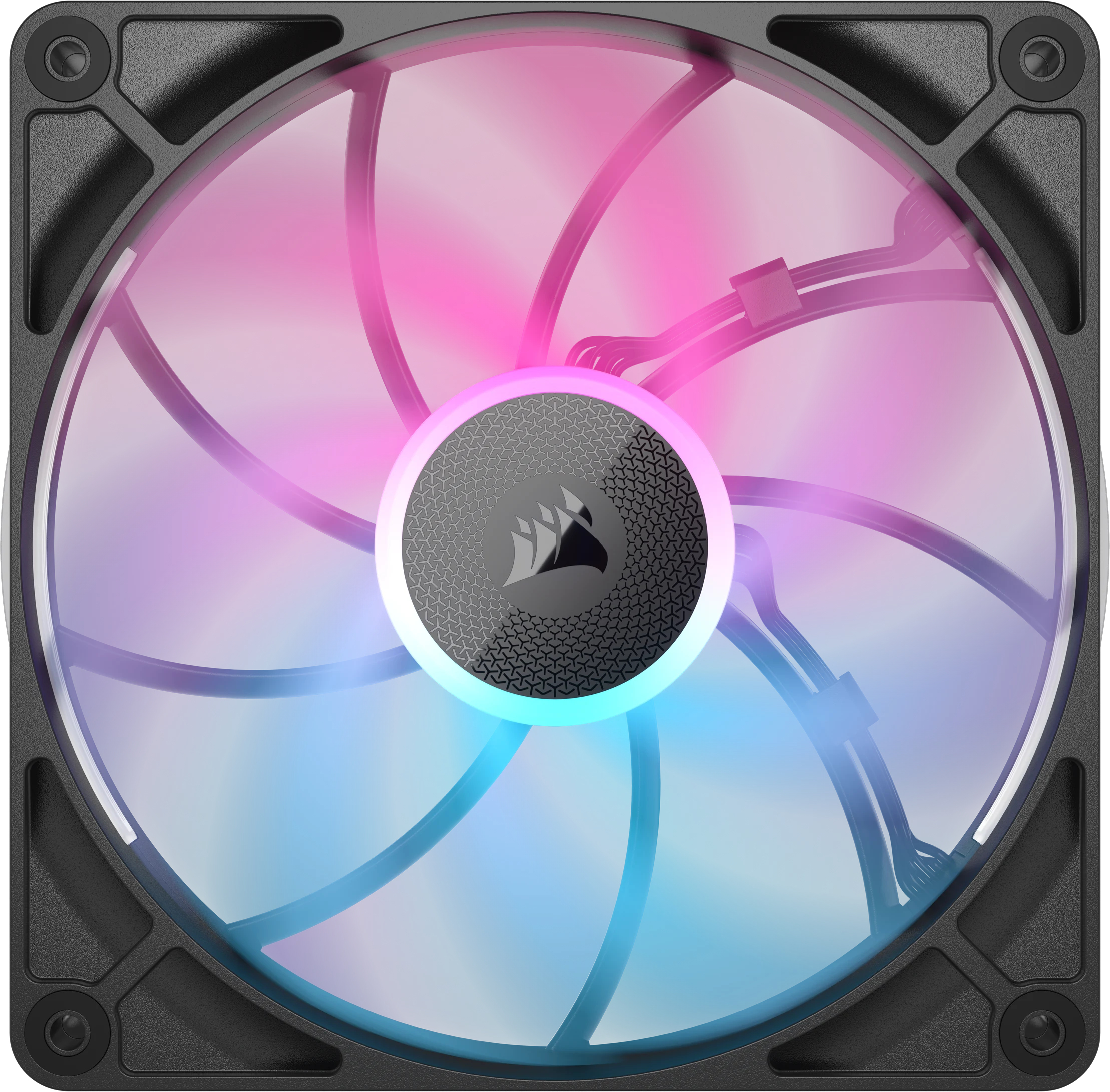 Ventilateur d'ordinateur noir avec éclairage RVB rose et bleu.