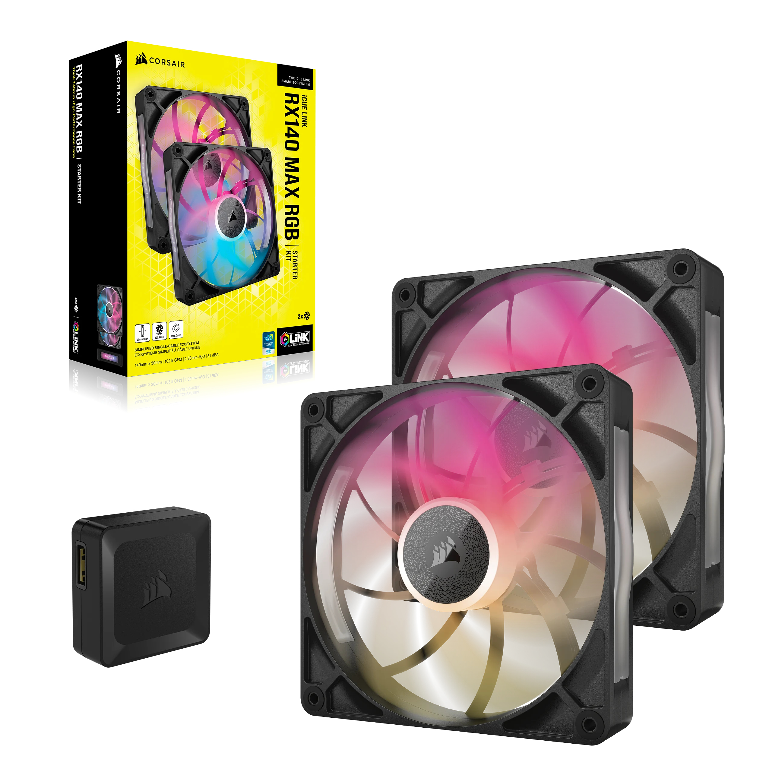 Deux ventilateurs Corsair iCUE LINK RX140 MAX RGB avec cadres noirs et éclairage.