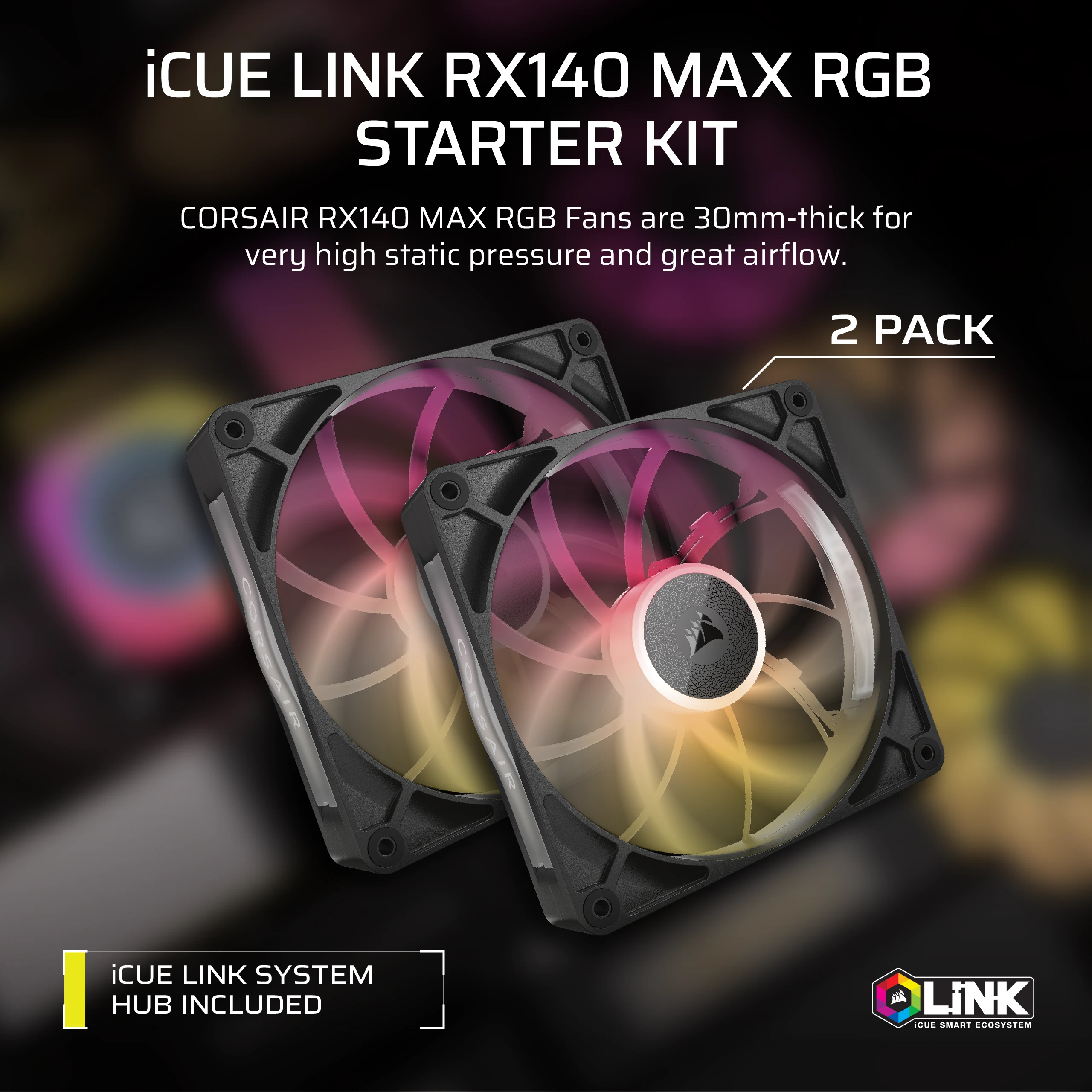 Deux ventilateurs Corsair iCUE LINK RX140 MAX RGB de 30mm d'épaisseur brillent en rose et jaune.