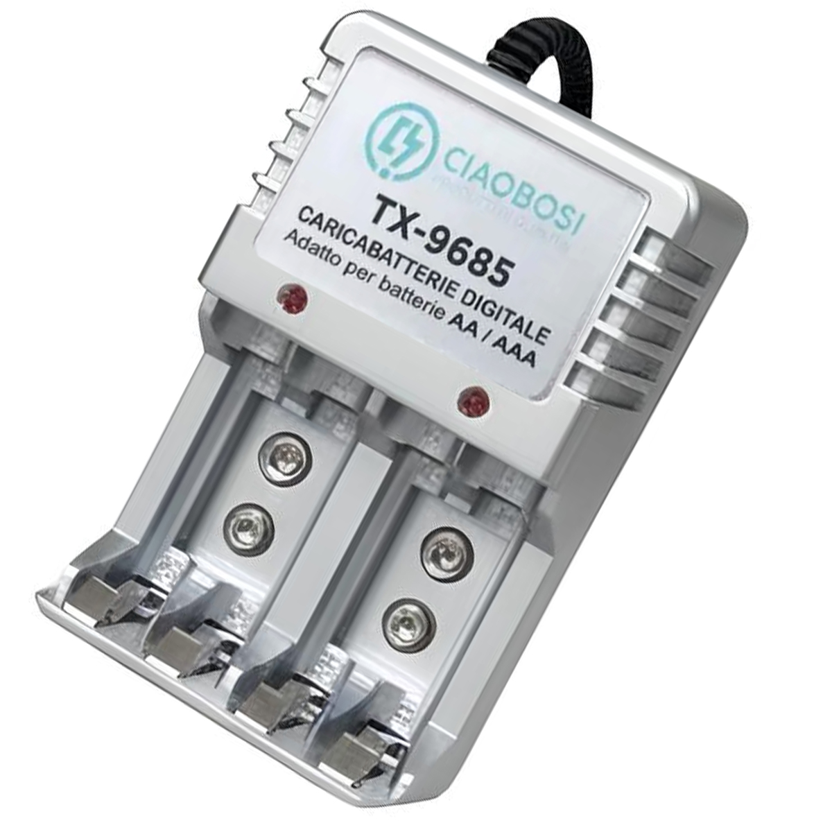 Ein silbernes Ladegerät für AA/AAA-Batterien mit zwei Schlitzen.
