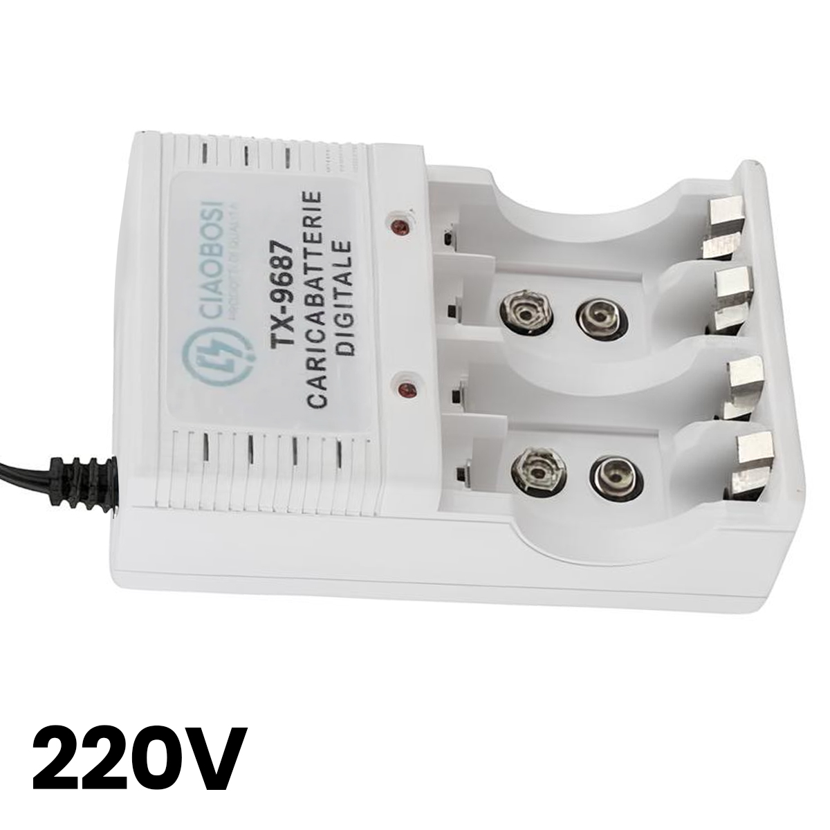 Ein weißes Ladegerät für vier Batterien mit "220V"-Beschriftung.