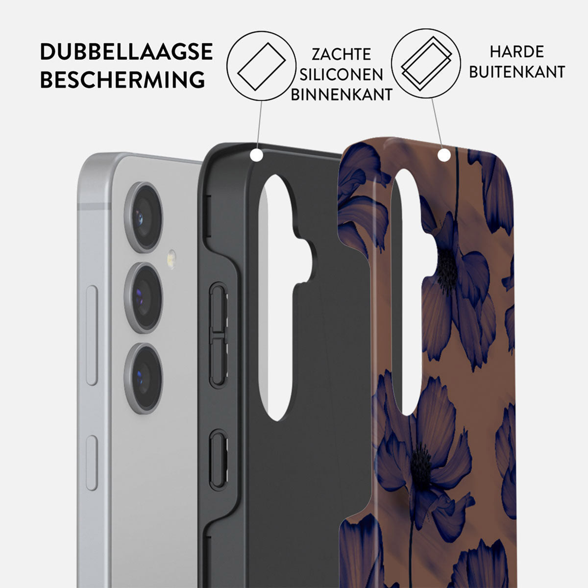Un téléphone avec une coque florale, montrant sa construction double couche.