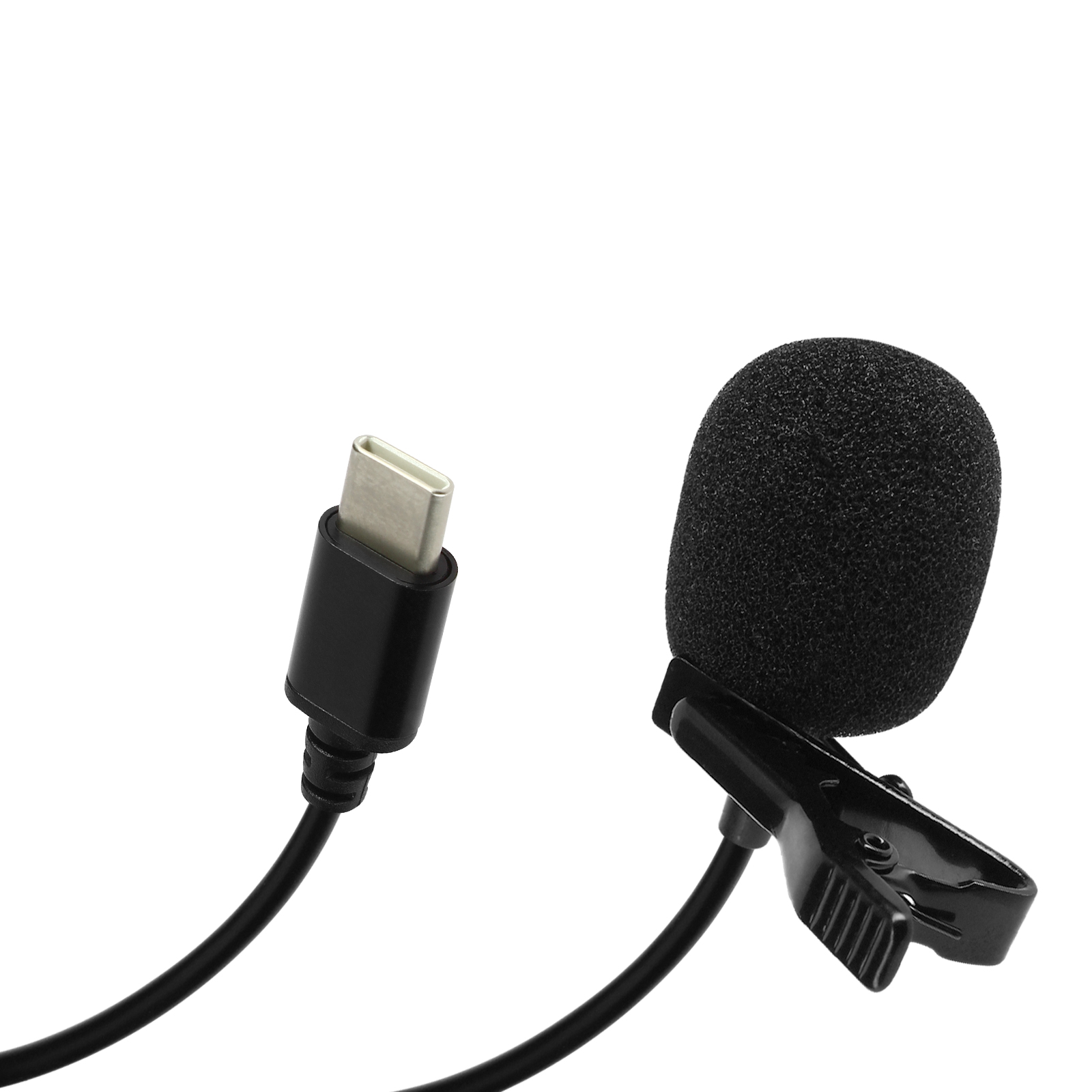 Microfono lavalier nero con connettore USB-C su sfondo bianco.