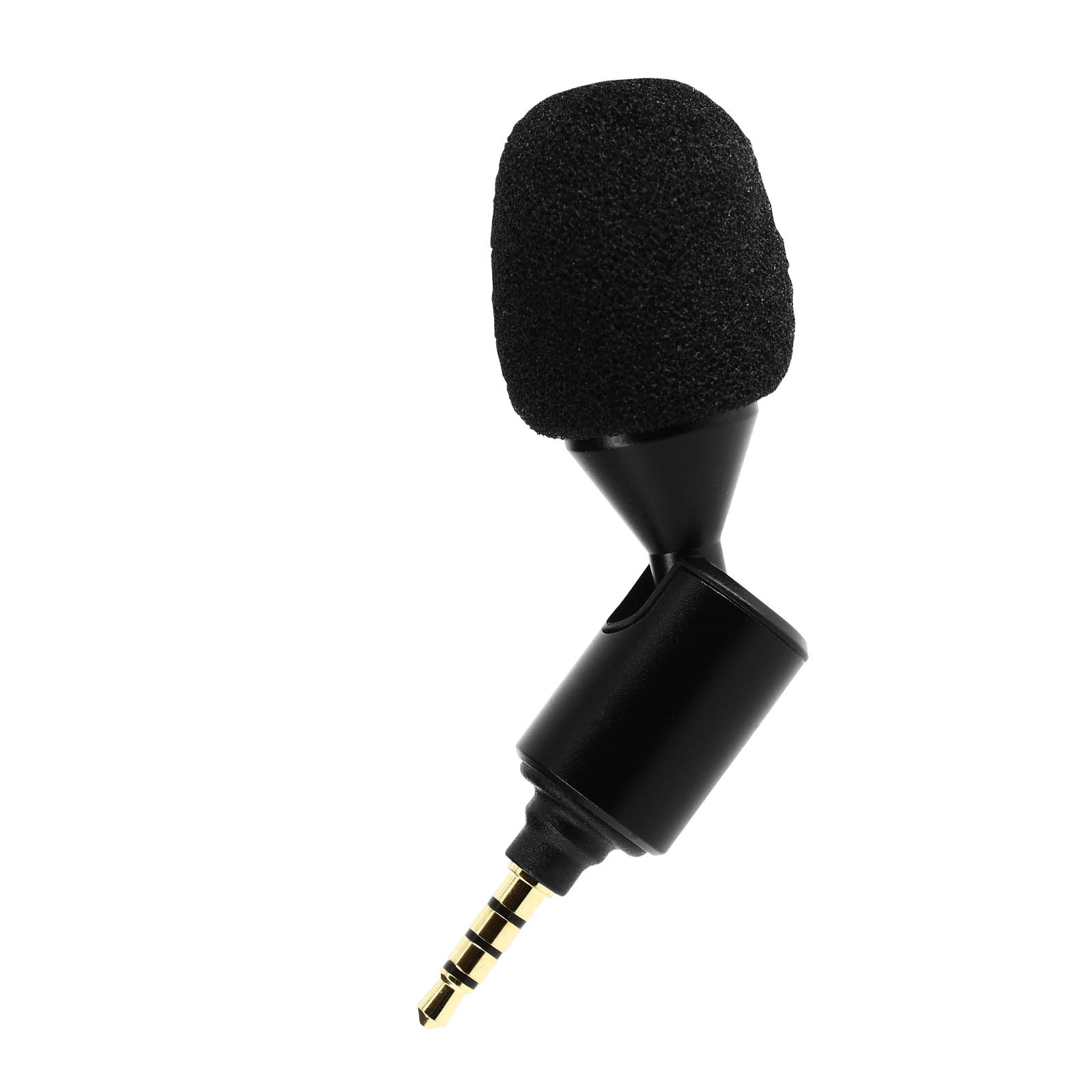 Un microfono nero con copertura in schiuma e spina da 3,5 mm su sfondo bianco.