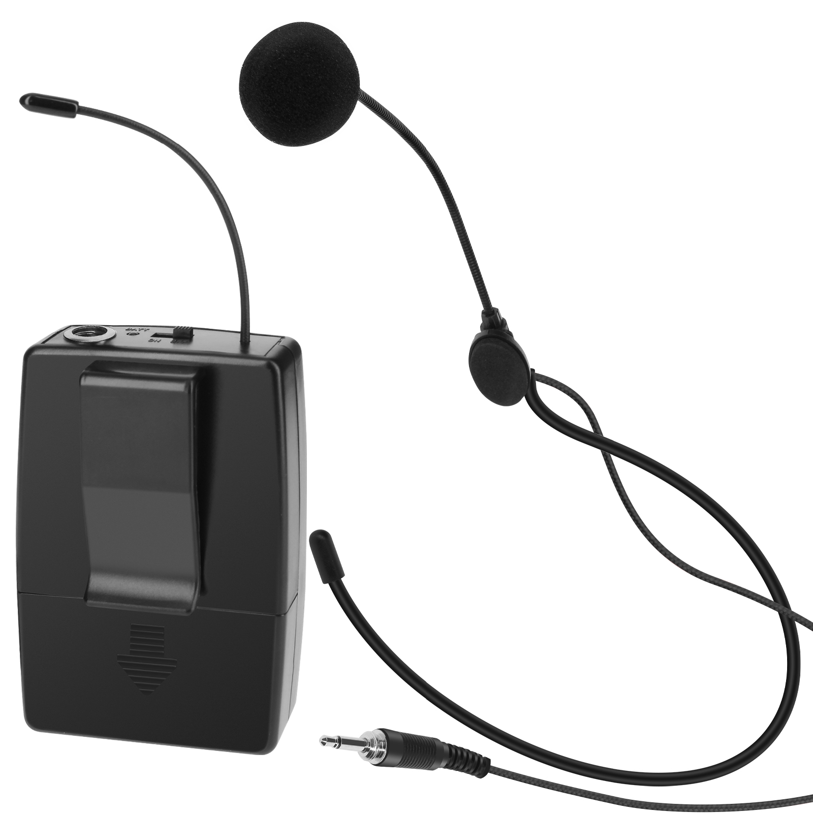 Un transmisor de micrófono lavalier negro con diadema y cable.