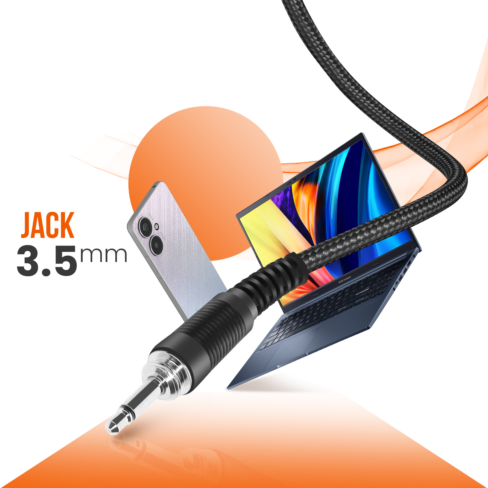 Conector jack de 3,5 mm con portátil y teléfono ante círculo naranja.