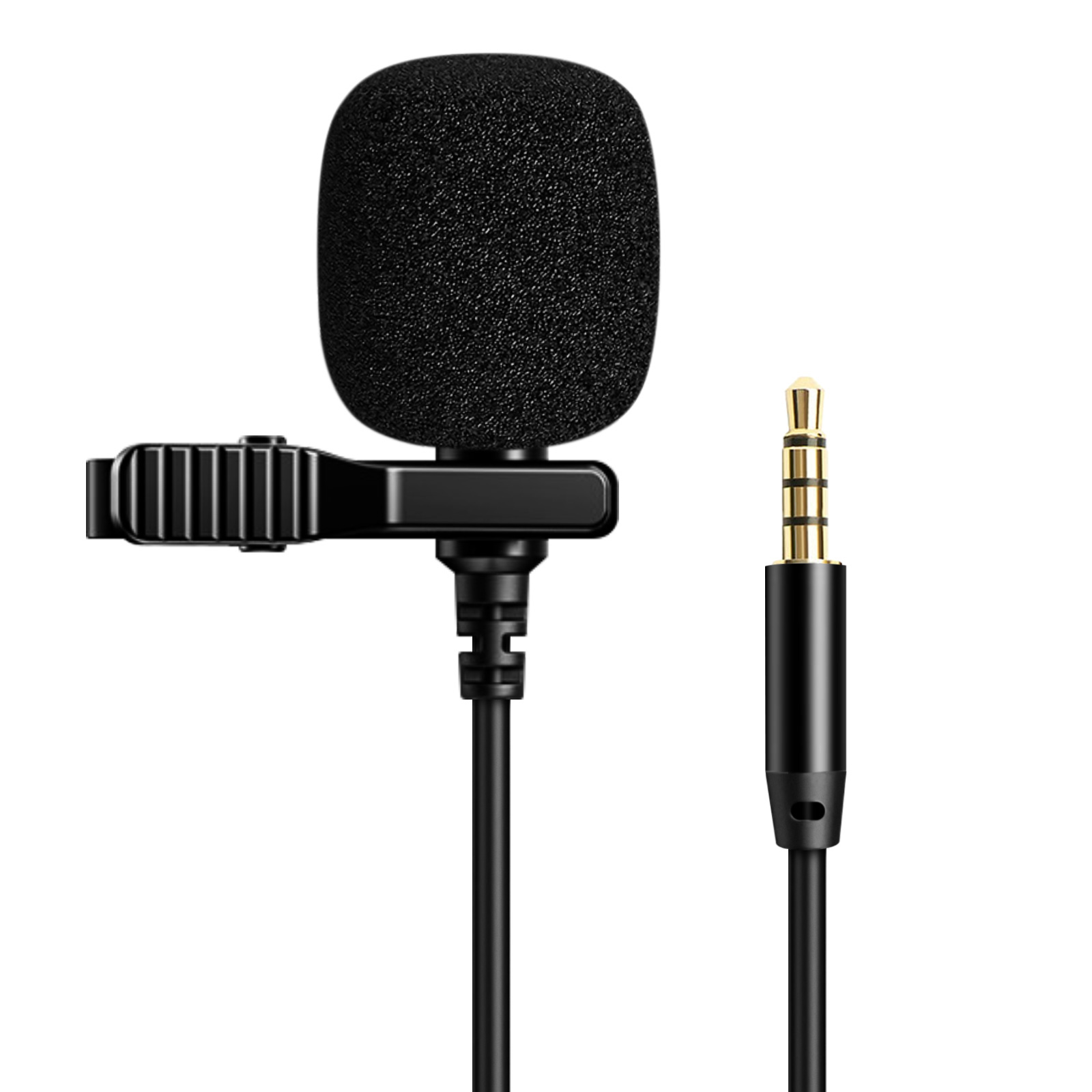 Un microfono lavalier nero con antivento in schiuma e jack audio da 3,5 mm.
