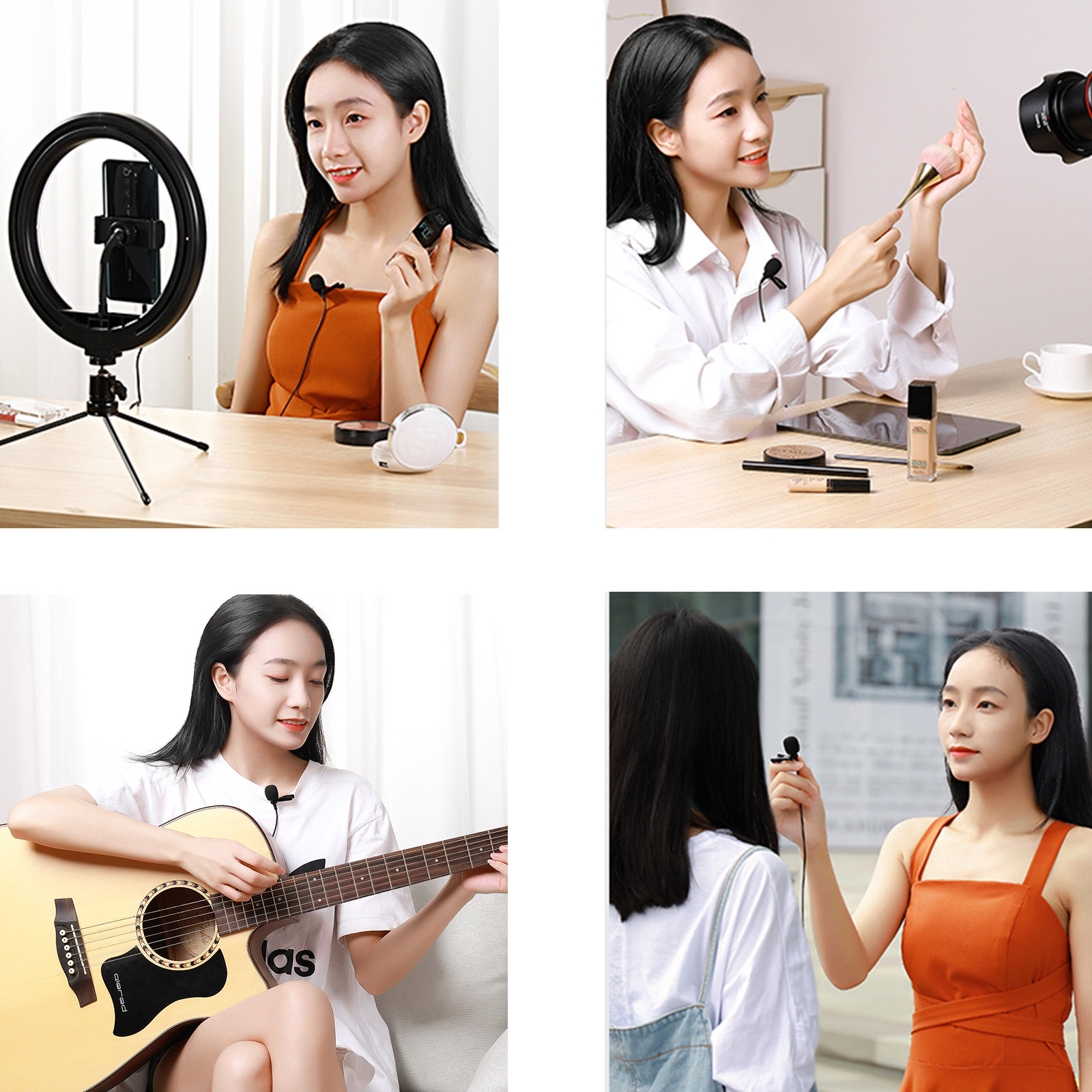 Quattro scene mostrano una donna con microfono: con ring light, pennello trucco, chitarra, intervista.