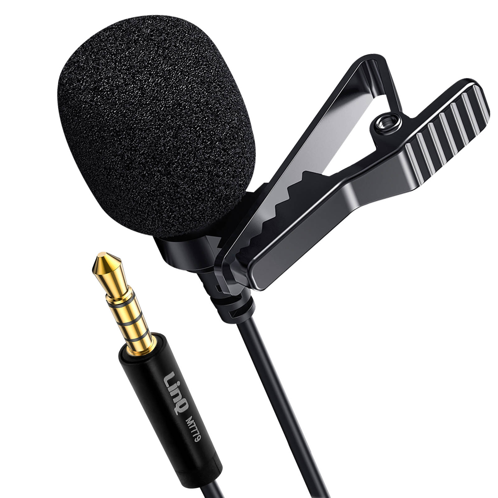 Microfono lavalier nero con clip e spina jack da 3,5 mm.