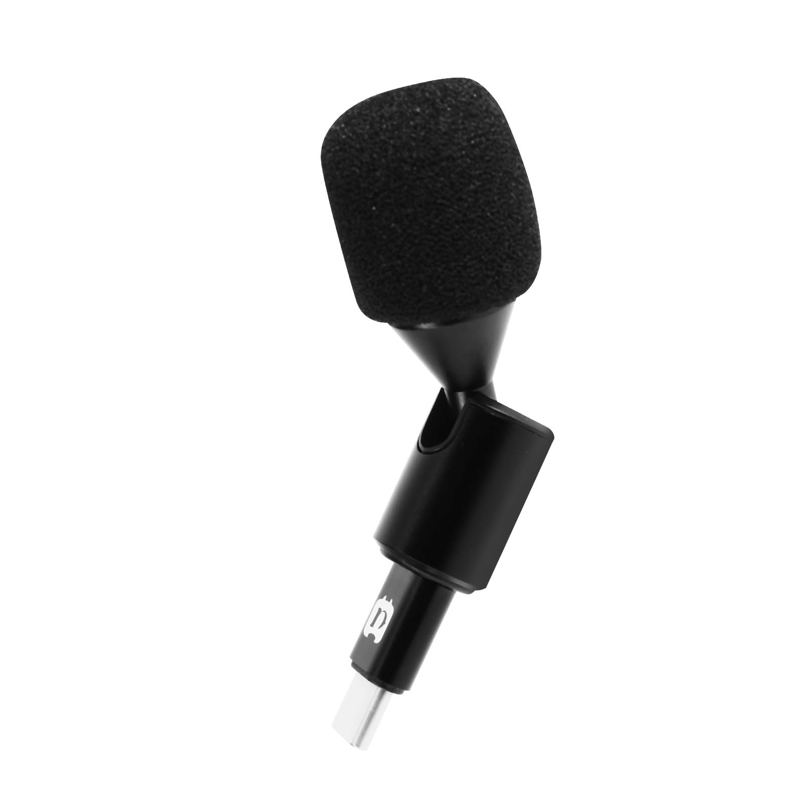 Un microfono USB nero con antivento in schiuma e connettore USB-C.