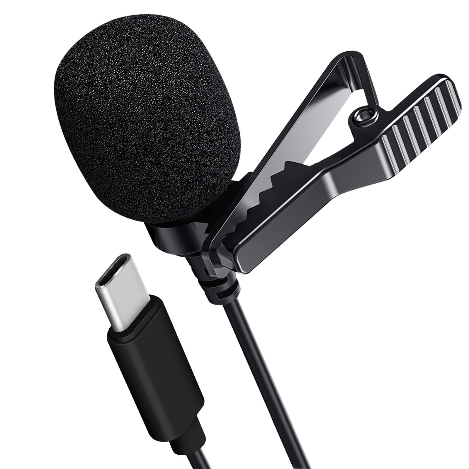 Un microfono lavalier nero con clip e connettore USB-C.