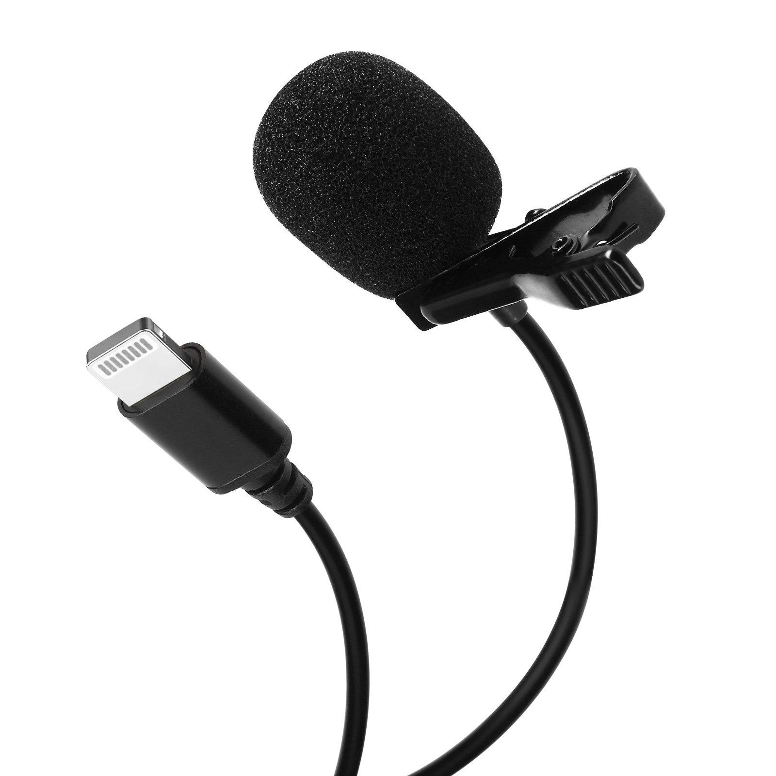 Un microfono lavalier nero con connettore Lightning su sfondo bianco.