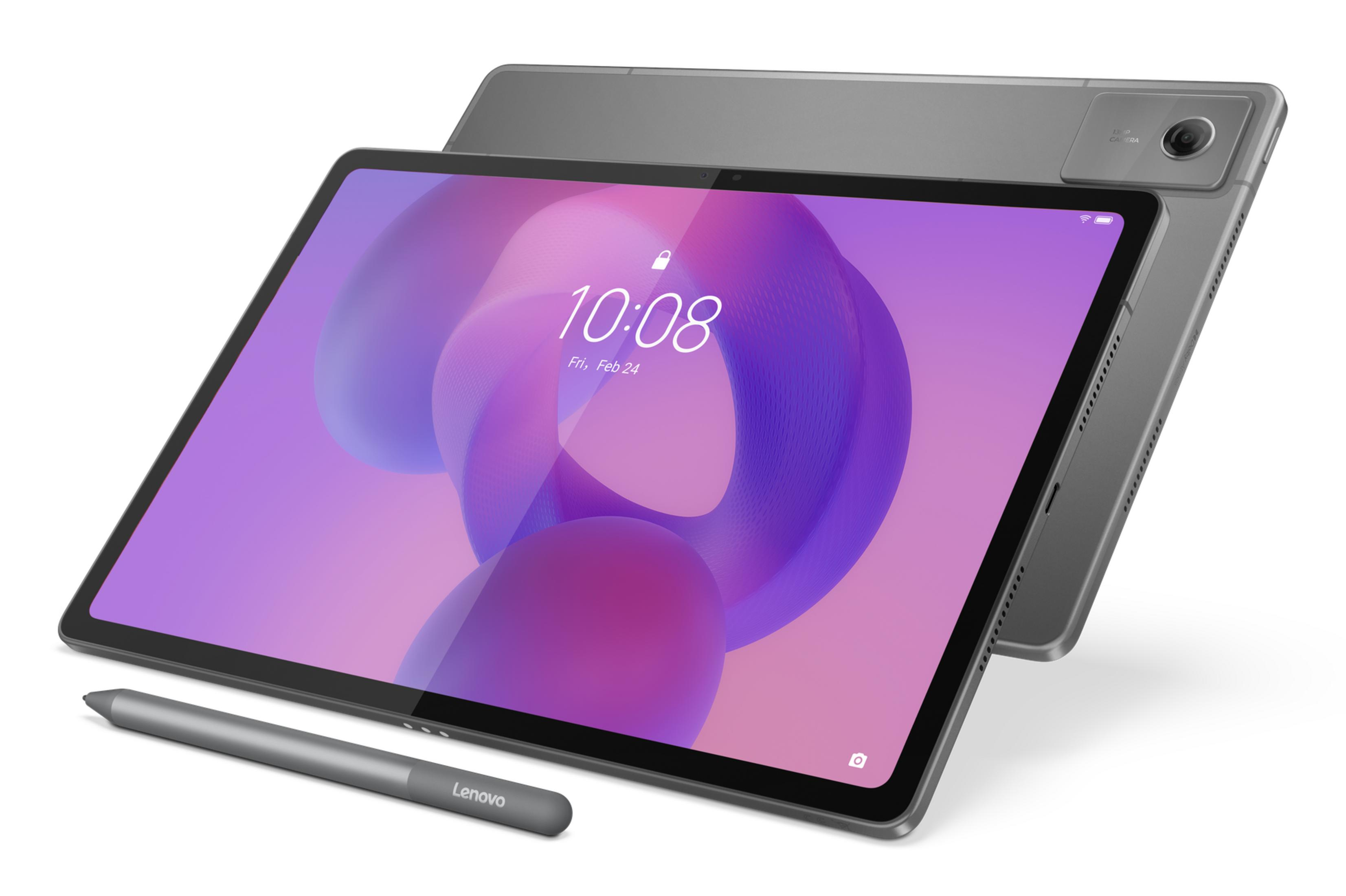 Tableta Lenovo gris con lápiz, muestra las 10:08 en pantalla.