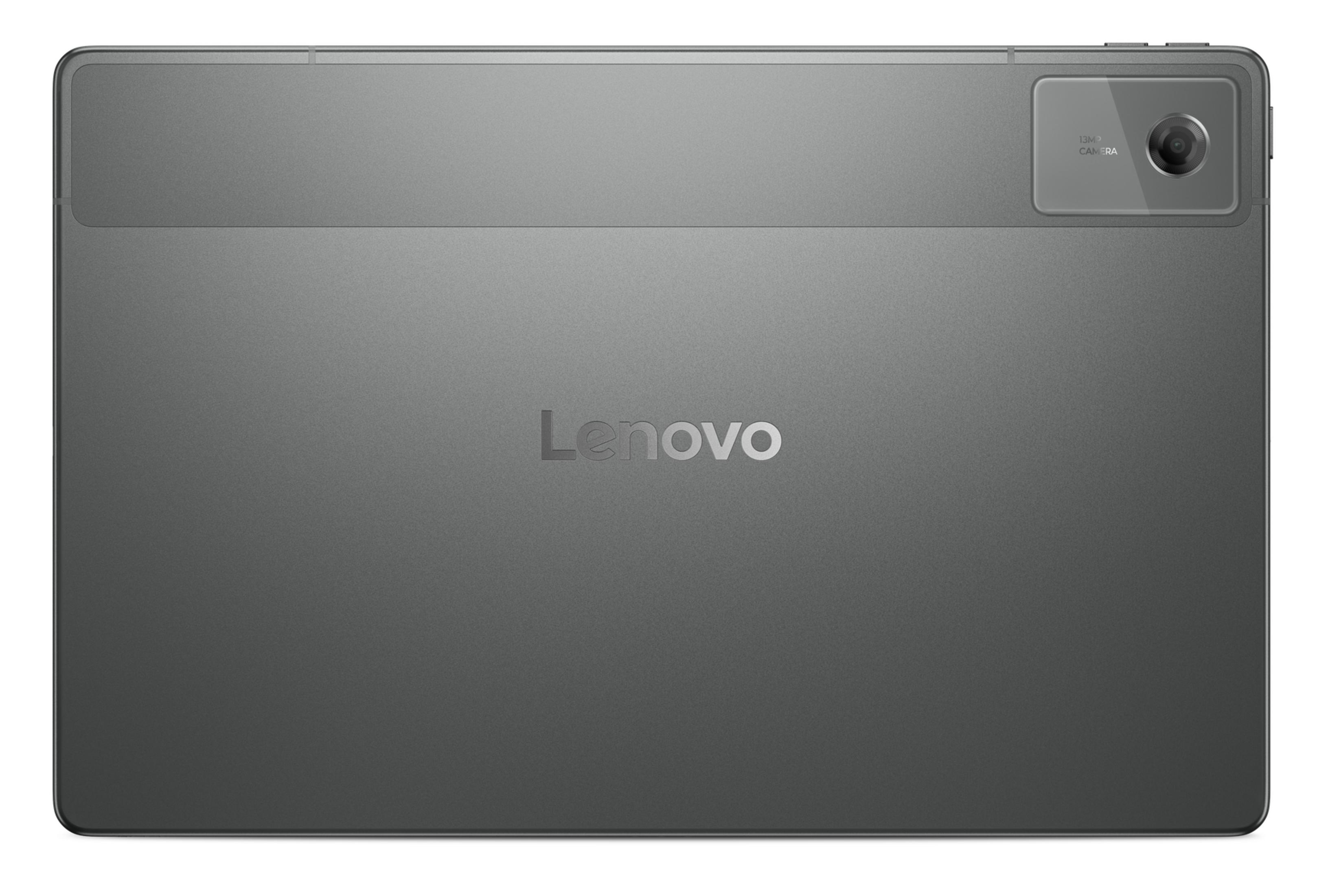 Tablet grigio con logo Lenovo e fotocamera da 13MP sul retro.