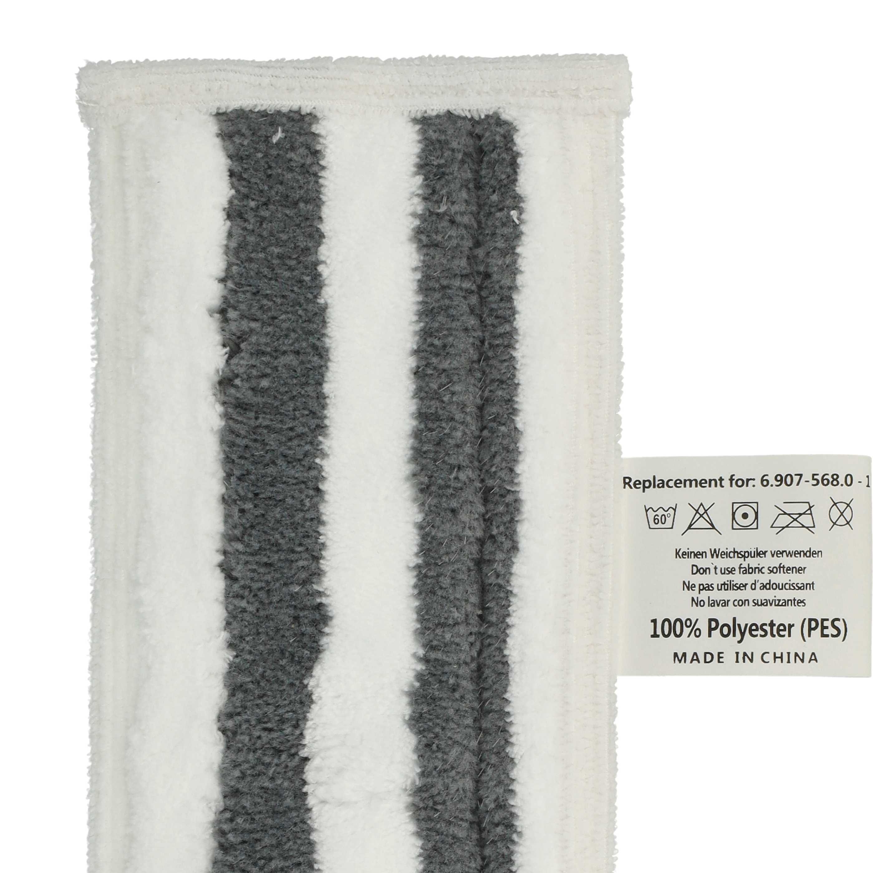 Ein Streifen-Mop-Kopf aus Polyester mit Pflegeetikett.