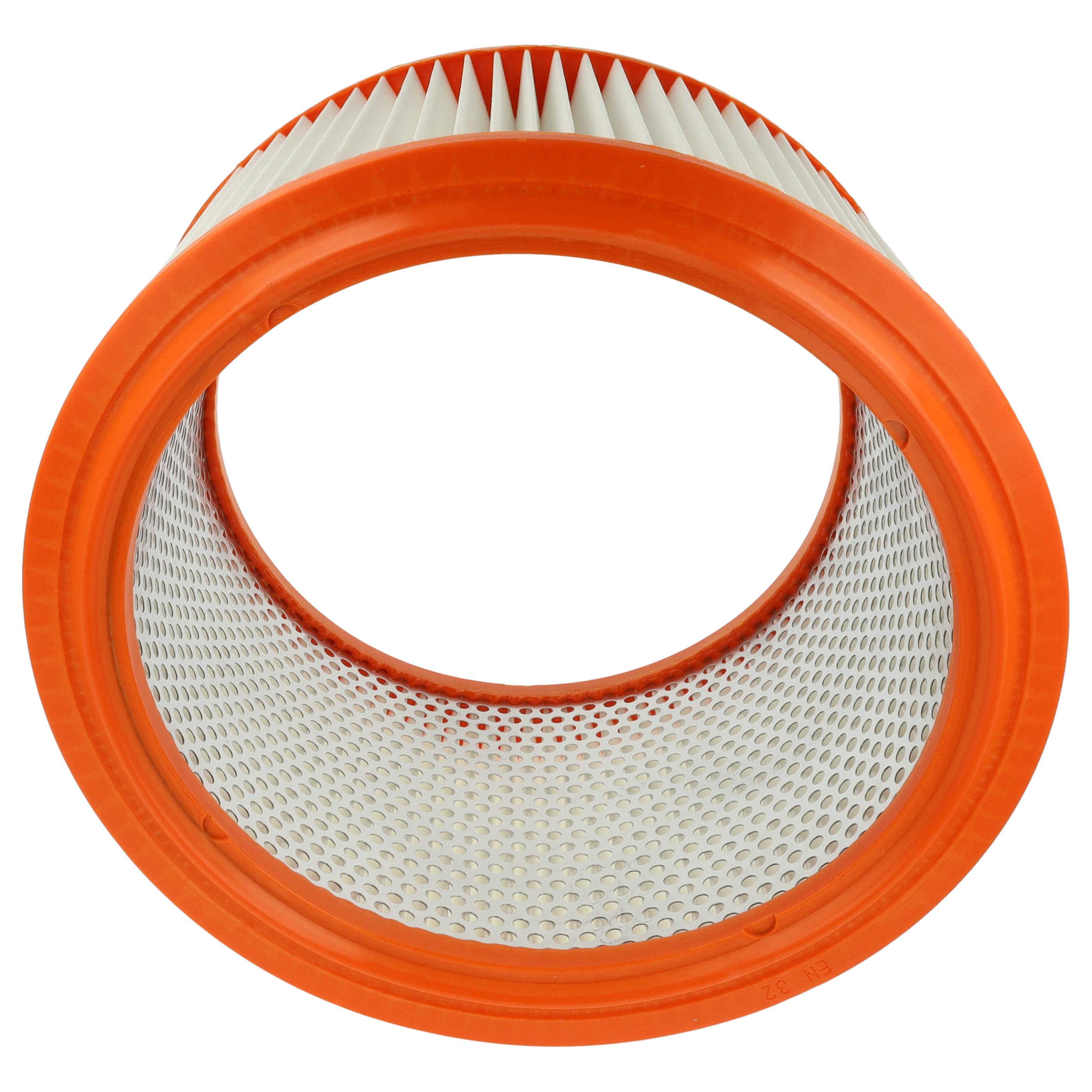 Ein runder orangefarbener Luftfilter mit weißem Faltenpapier im Inneren.