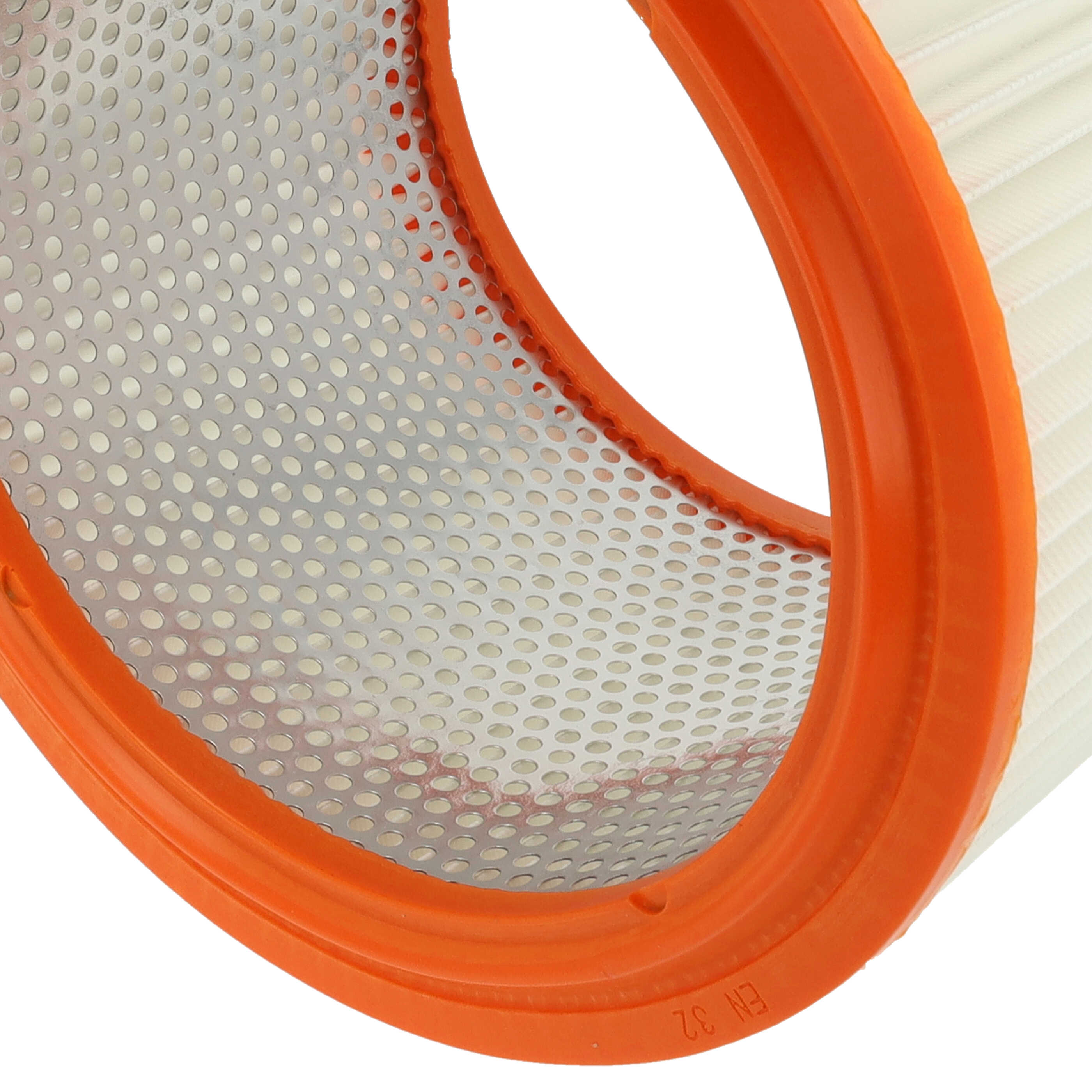Ein orangefarbener Luftfilter mit einem perforierten Metallgehäuse und weißem Filterpapier.