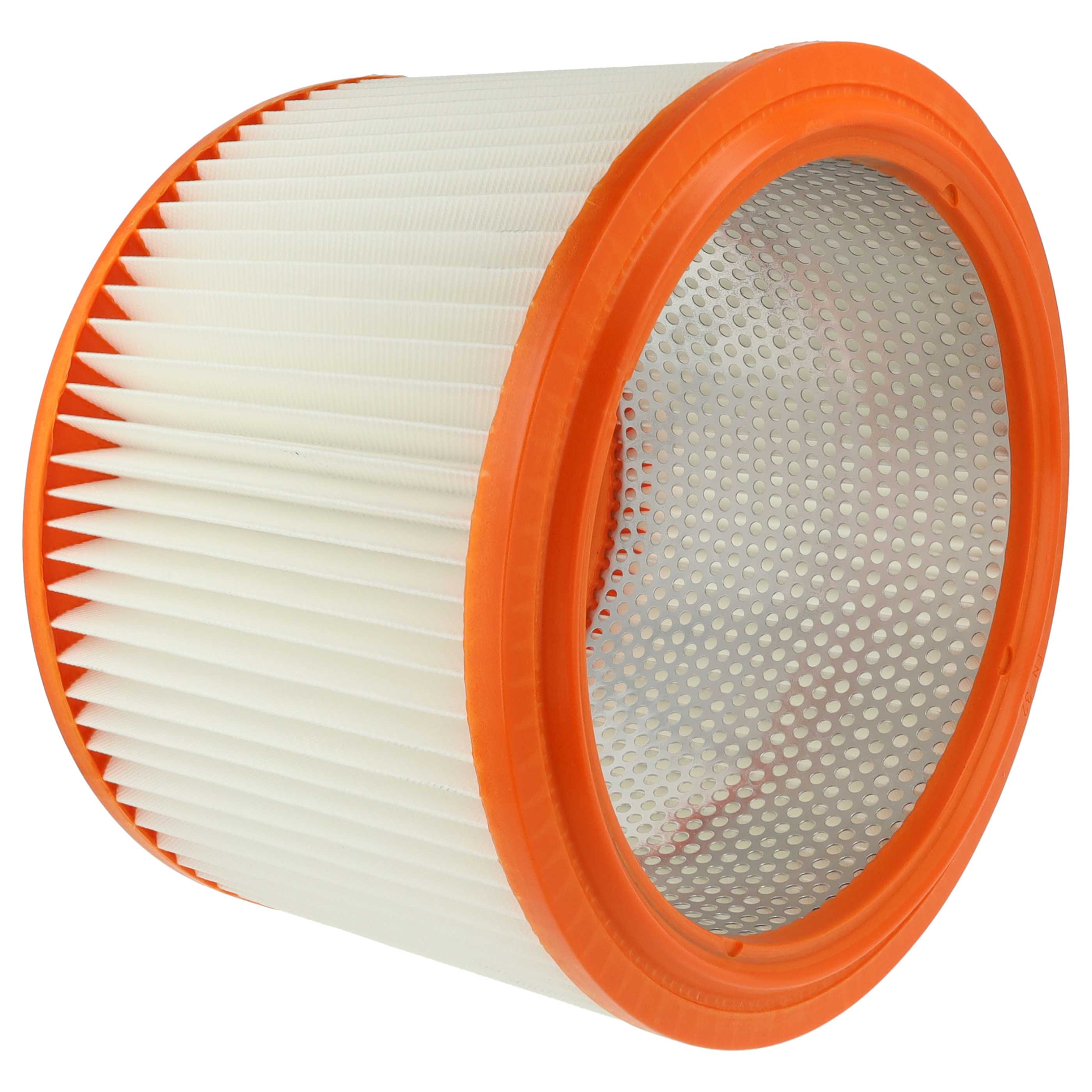 Ein runder, weißer Papierfilter mit orangefarbenen Rändern und einem perforierten Metalleinsatz.