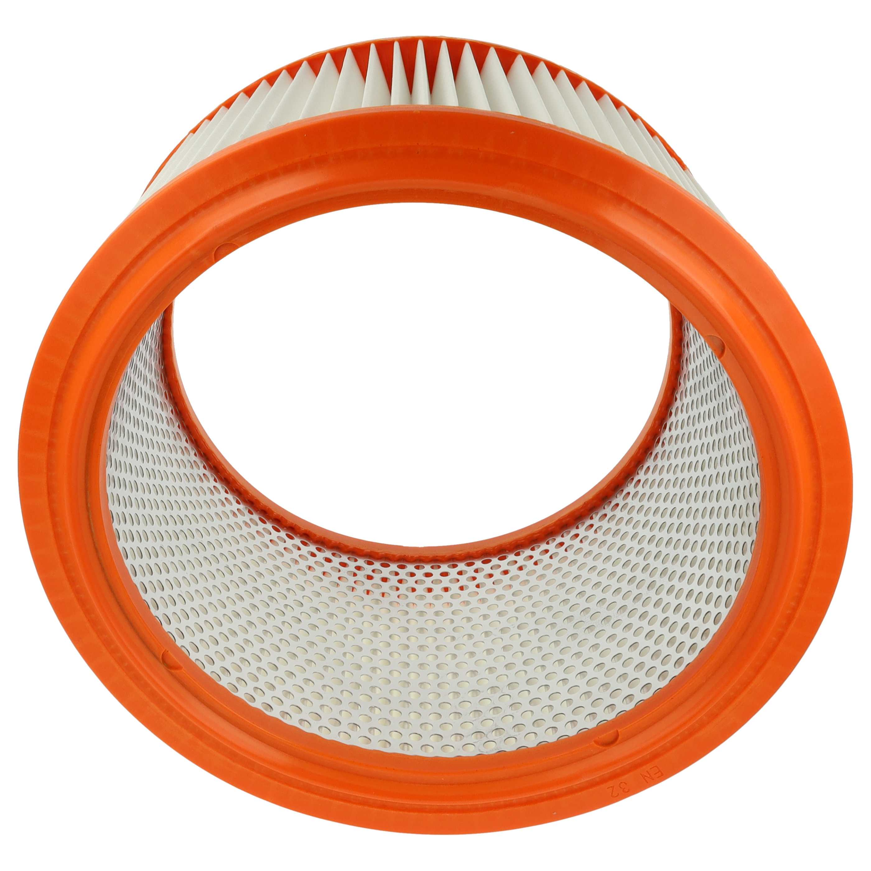 Ein runder orangefarbener Luftfilter mit weißem Papier und einem perforierten Metallgitter.