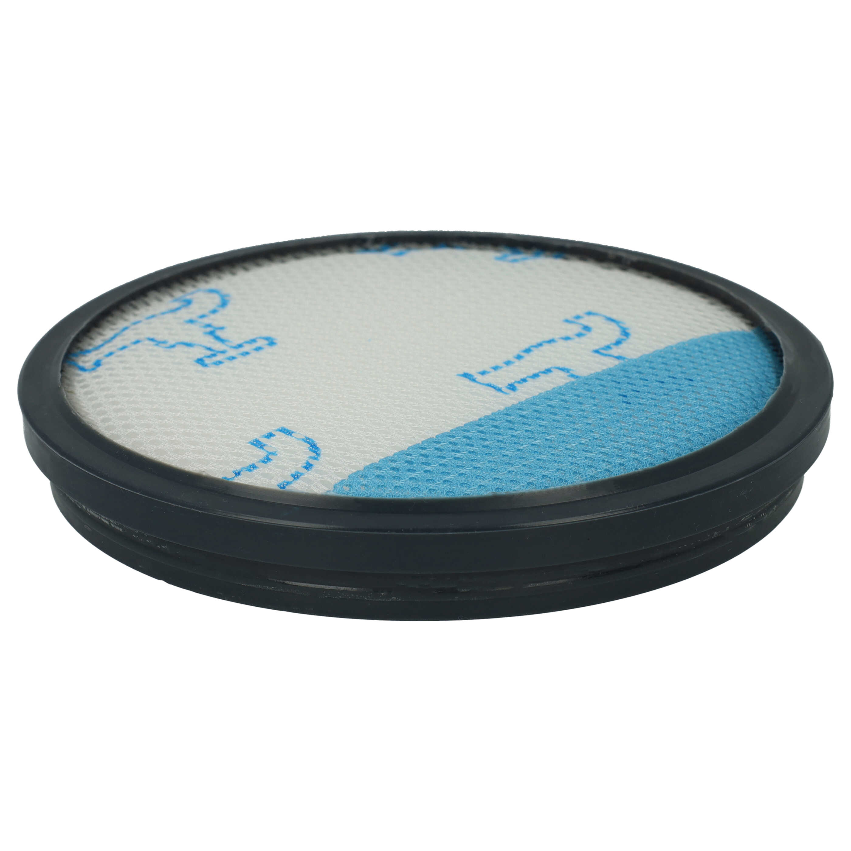 Ein runder Staubsaugerfilter mit schwarzem Rand und blauem Muster.