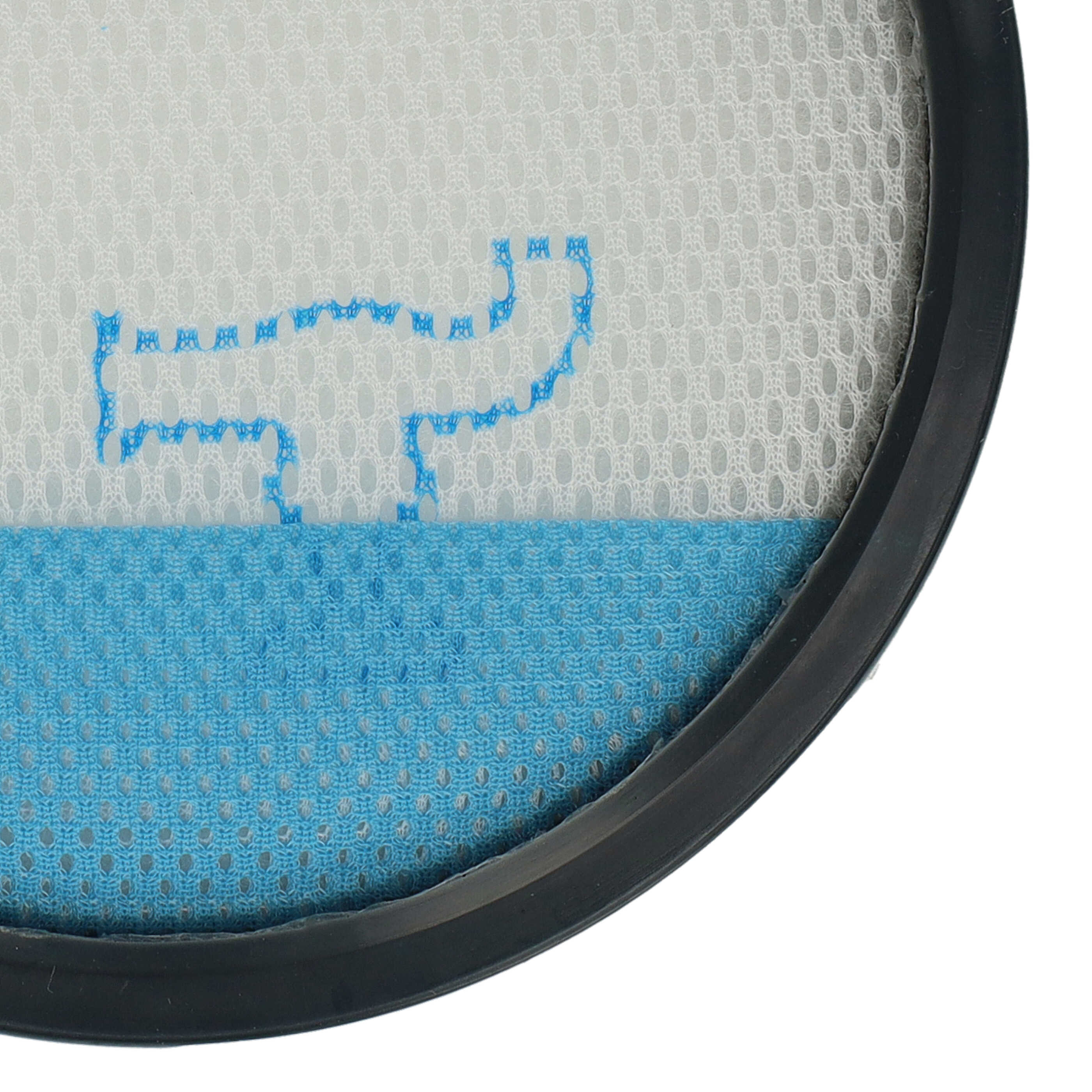 Ein blauer Umriss eines Dinosauriers auf einem weißen Netzfilter mit schwarzem Rand.