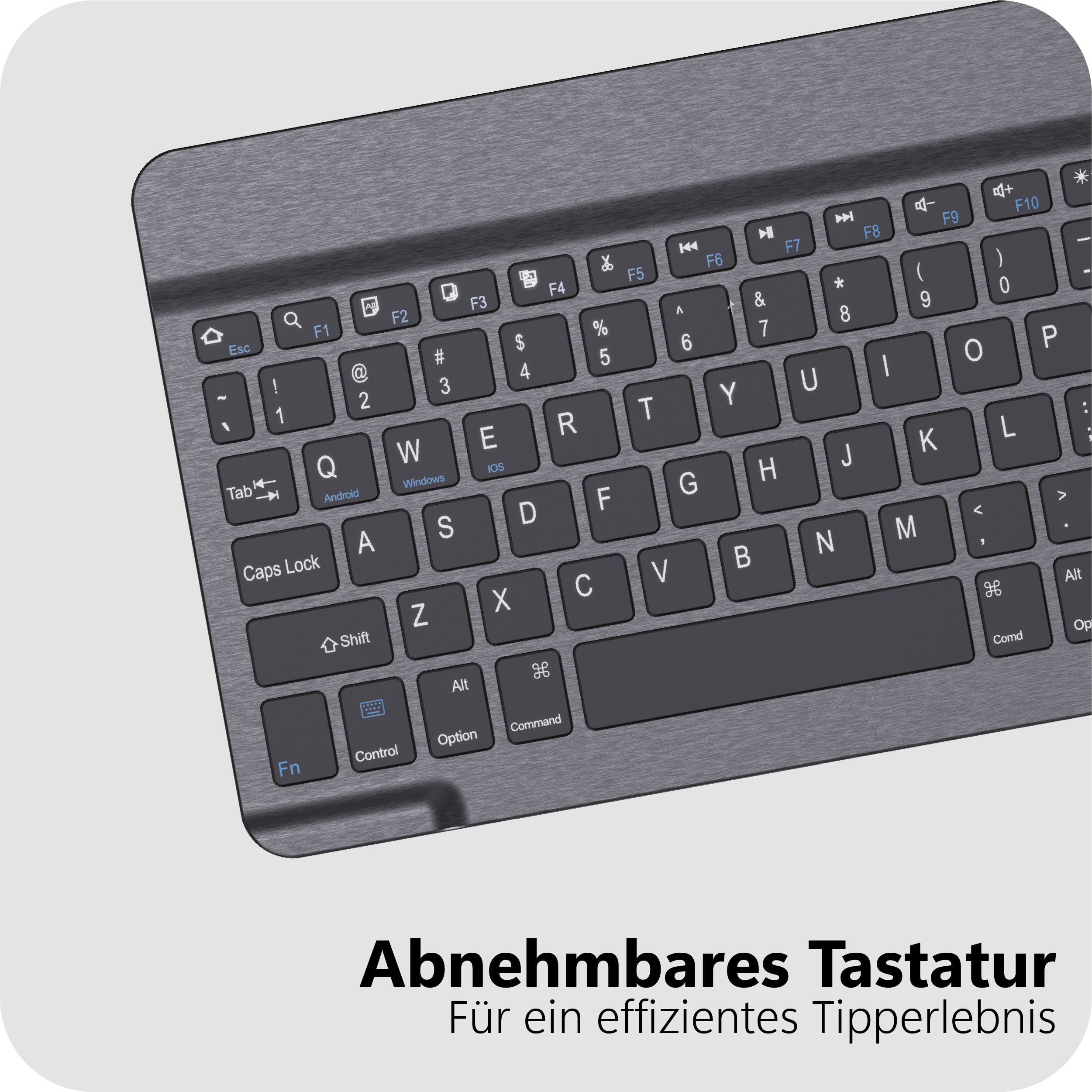 Graue Tastatur mit silbernem Metallic-Finish und deutschen Tastenbeschriftungen.